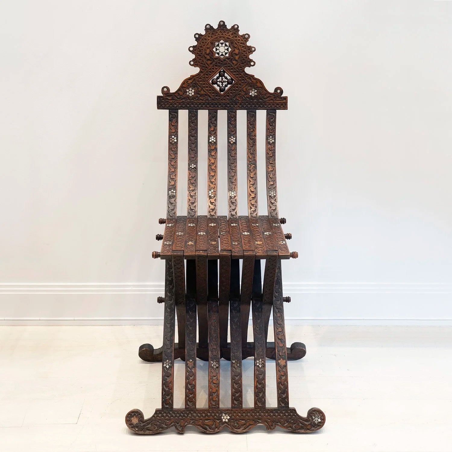 19TH CENTURY SYRIAN CARVED AND INLAID FOLDING CHAIR