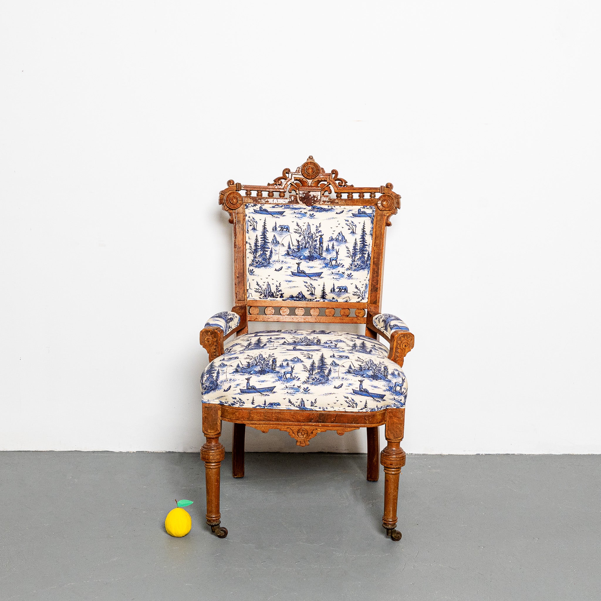 19th century American Eastlake arm chair newly upholsted in LTI Mountian Man fabric