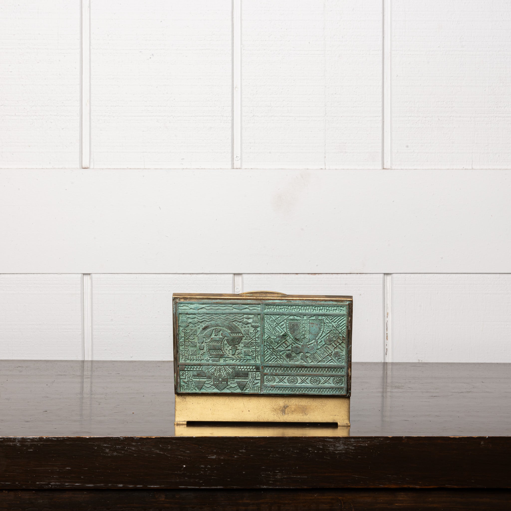 Early 20th Century Verdigris Brass Geometric Table Box, Art Deco Decorative Box