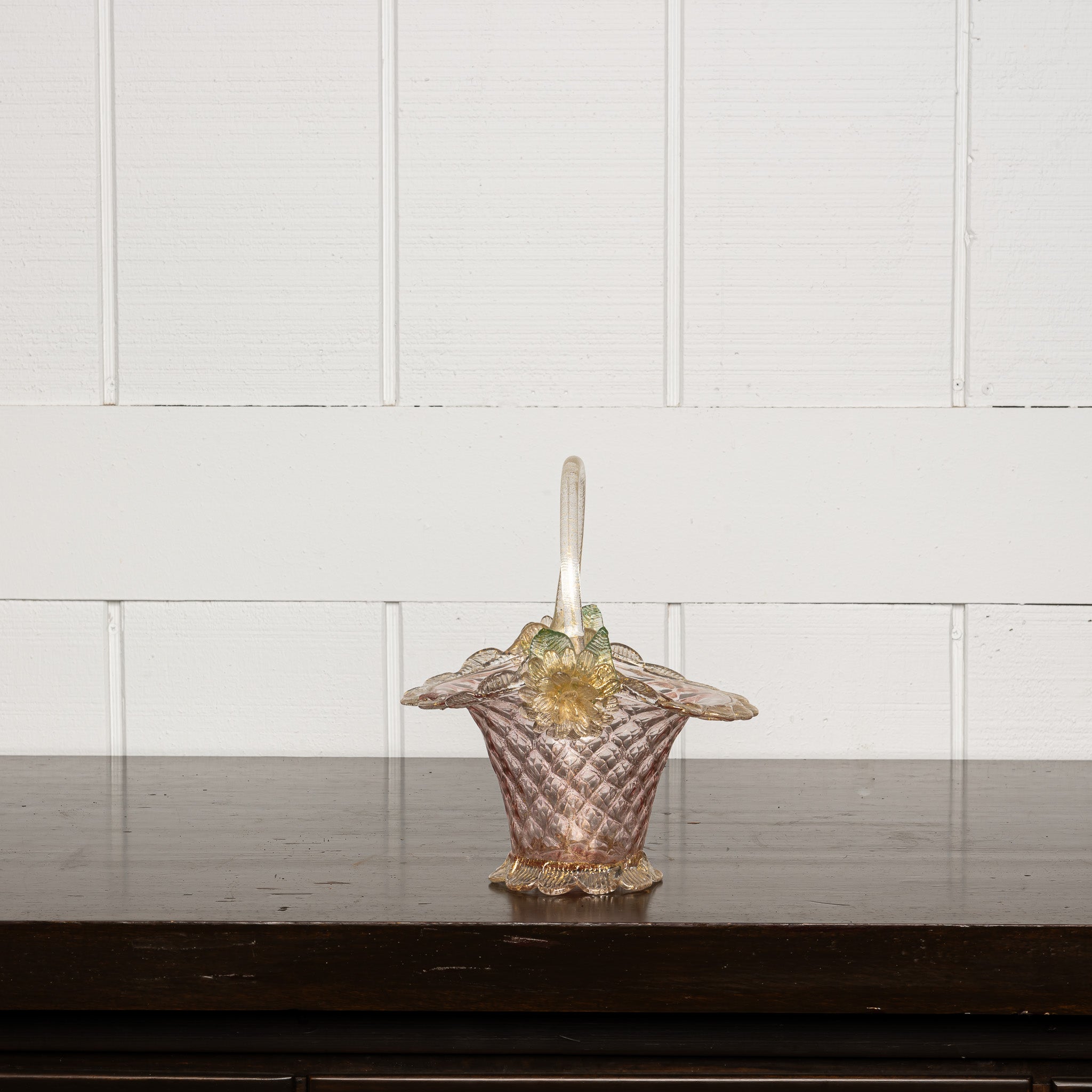 Italian Murano Glass Basket with Twisted Handle