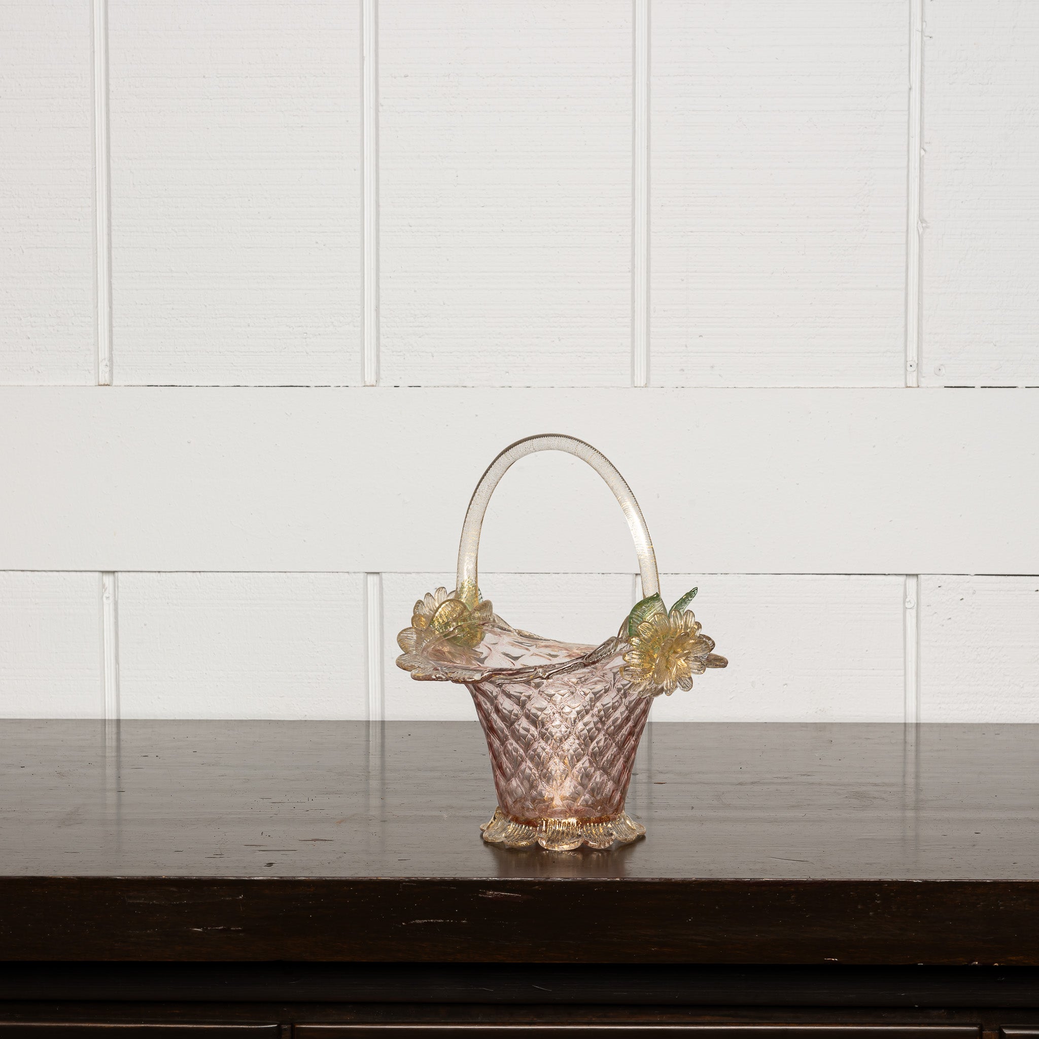 Italian Murano Glass Basket with Twisted Handle