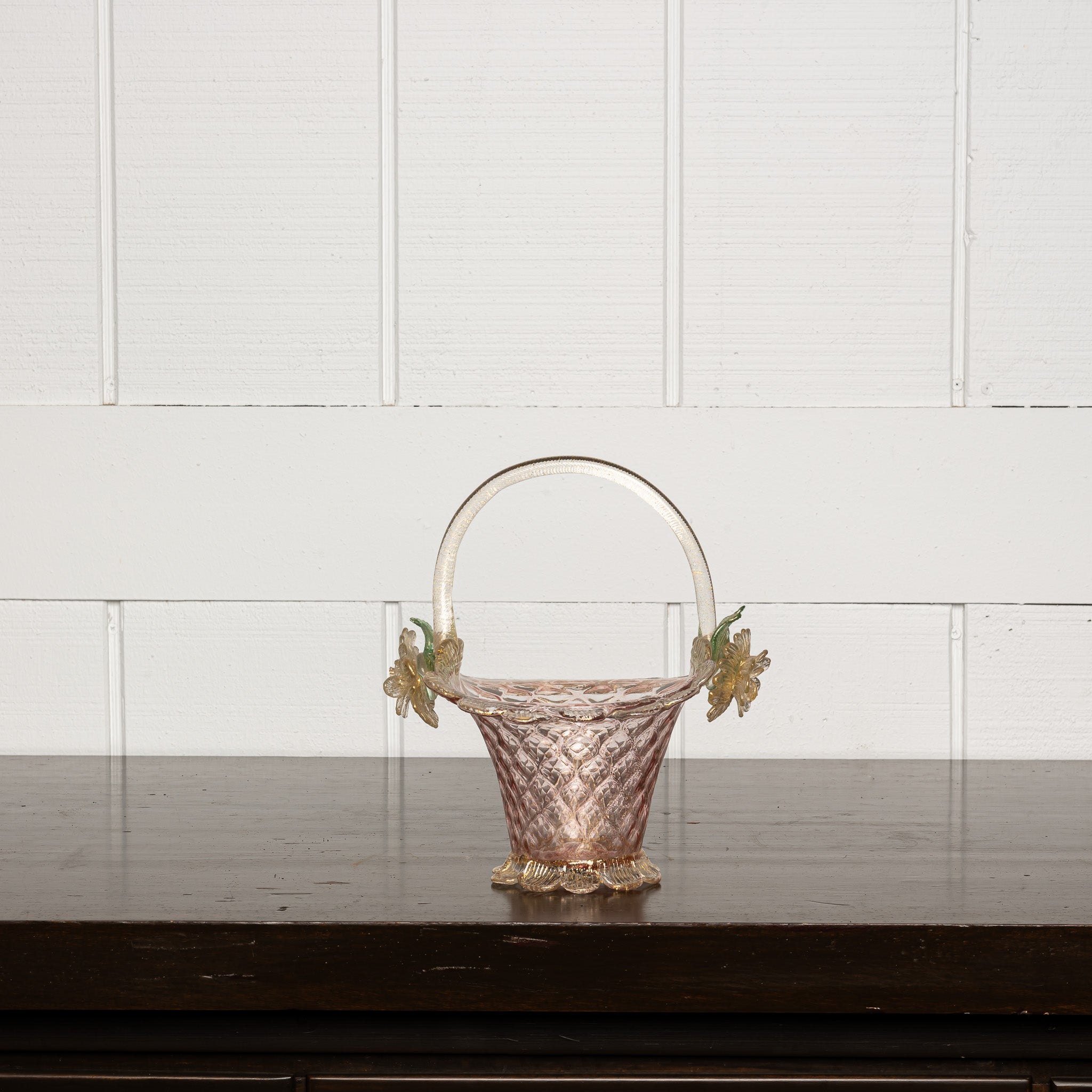 Italian Murano Glass Basket with Twisted Handle