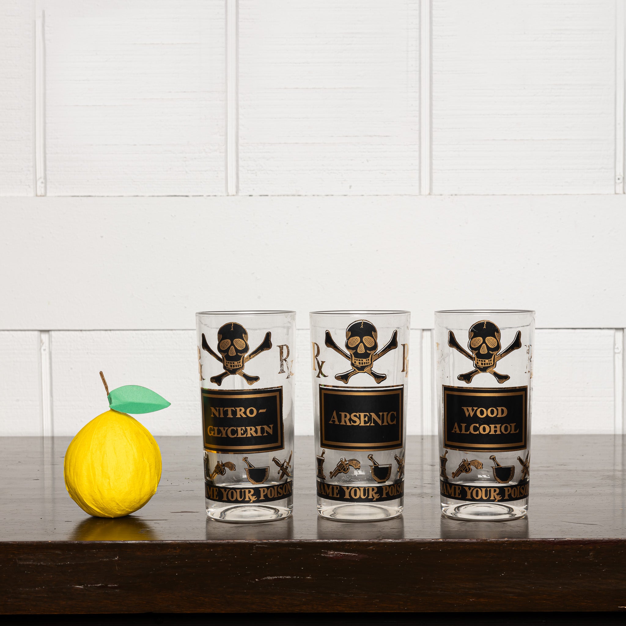 Set of 7 Poison Label Cocktail Tumblers, Vintage Barware