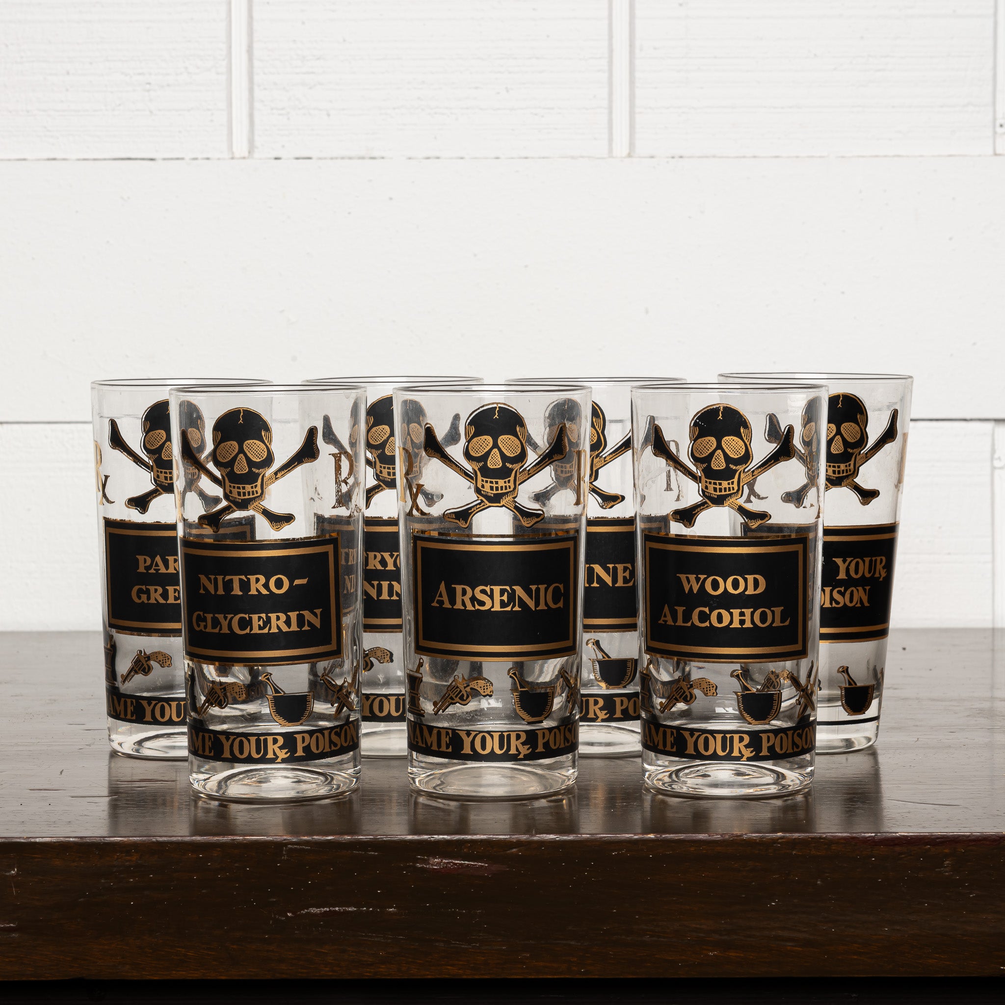Set of 7 Poison Label Cocktail Tumblers, Vintage Barware