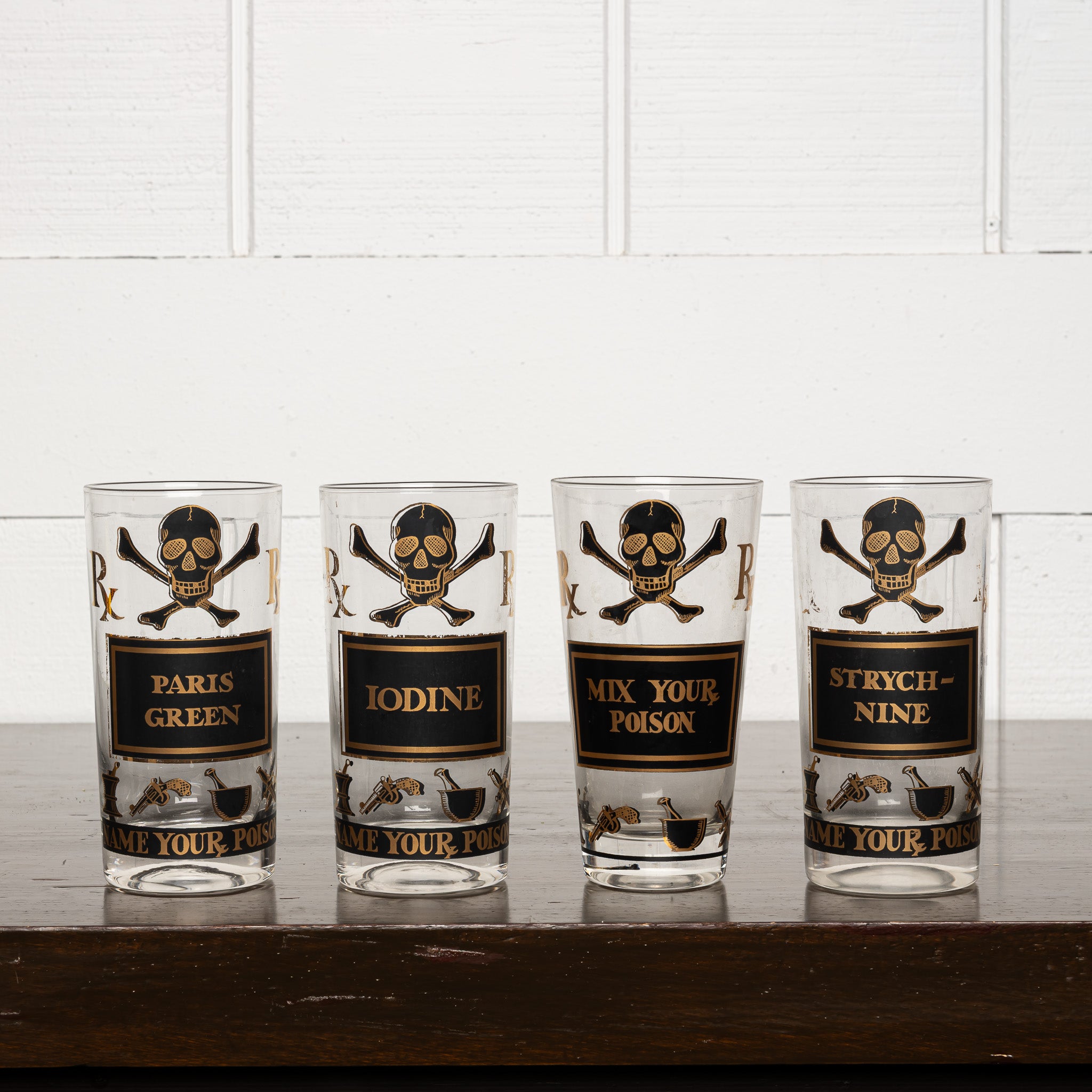 Set of 7 Poison Label Cocktail Tumblers, Vintage Barware