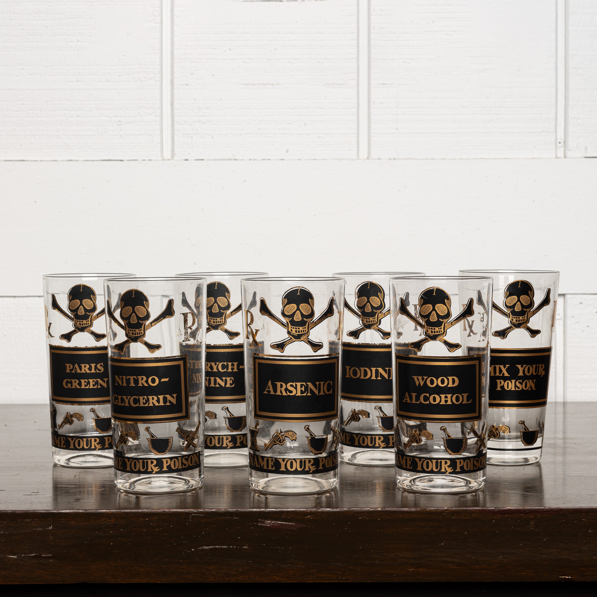 Set of 7 Poison Label Cocktail Tumblers, Vintage Barware