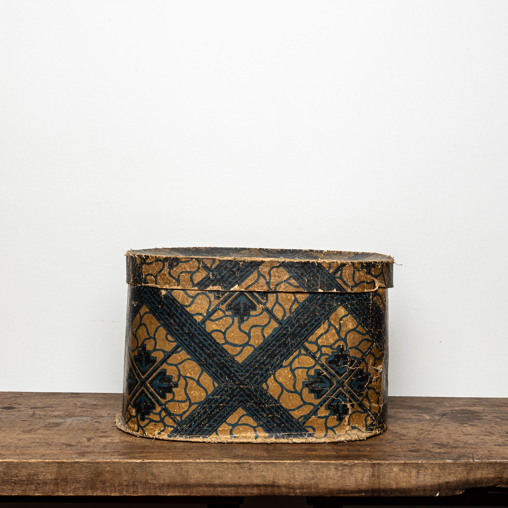 19th-Century Wallpaper-Covered Box, Dark Geometric