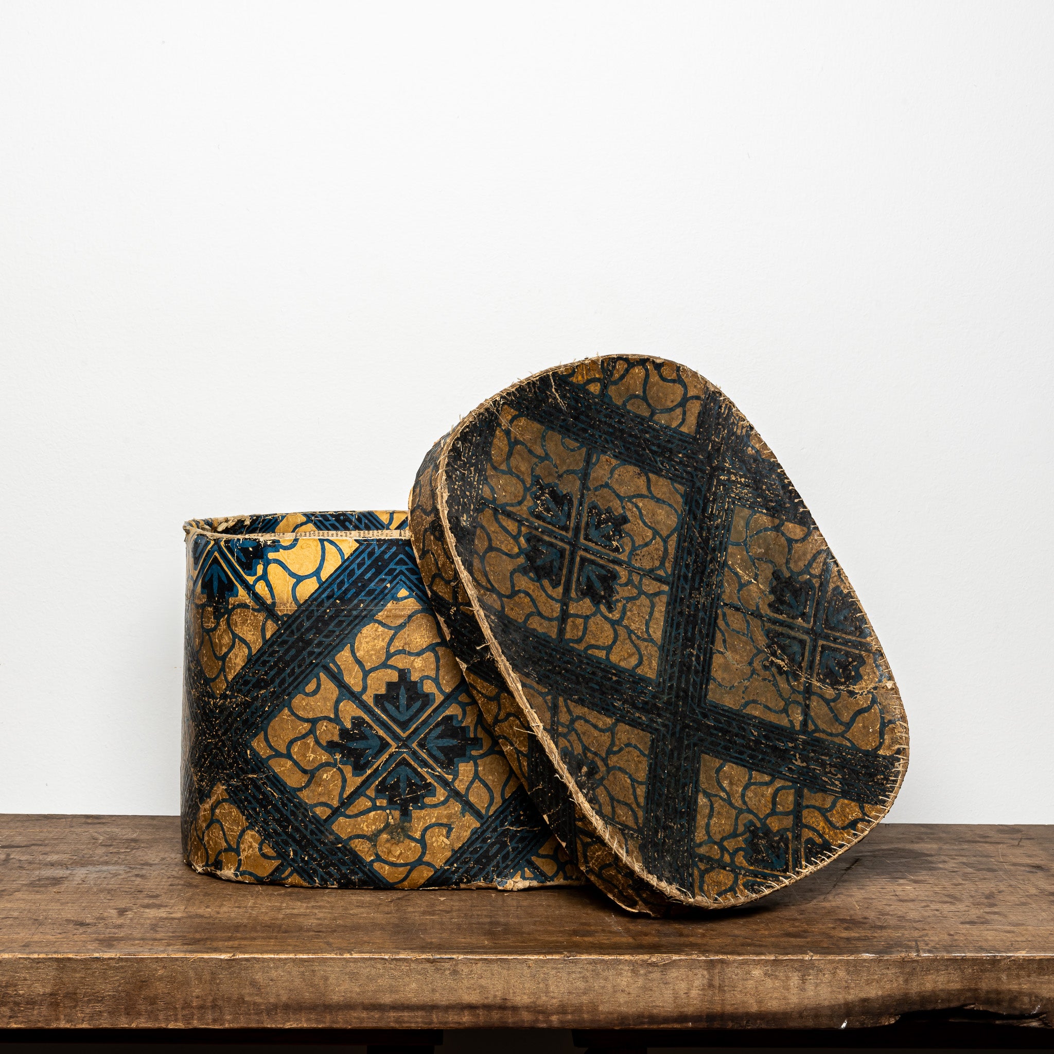 19th-Century Wallpaper-Covered Box, Dark Geometric