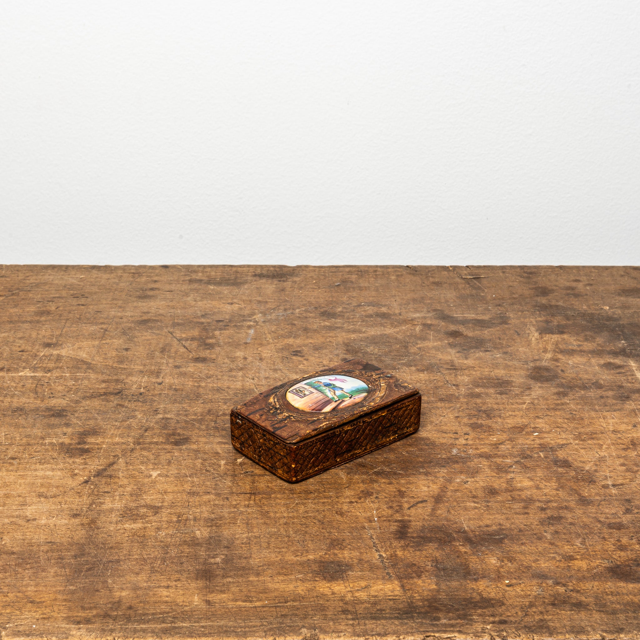 19th Century Pressed Tree Bark and Porcelain Snuff Box, Antique Box