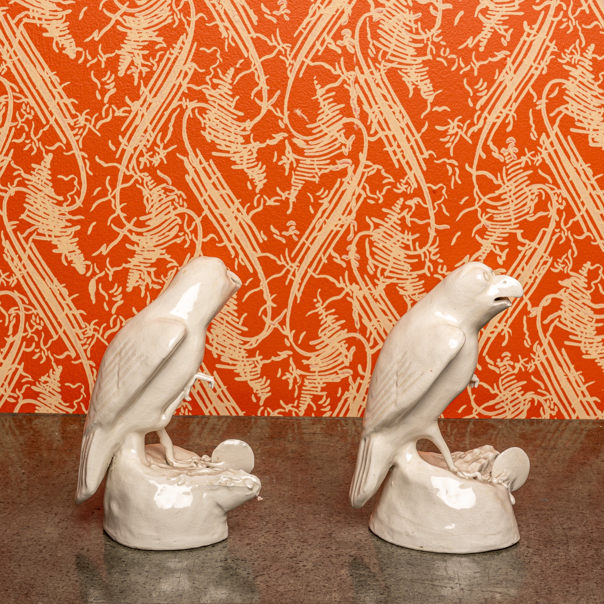Chinese Blanc de Chine Parrot Figures — Early 20th-Century Ceramic Pair