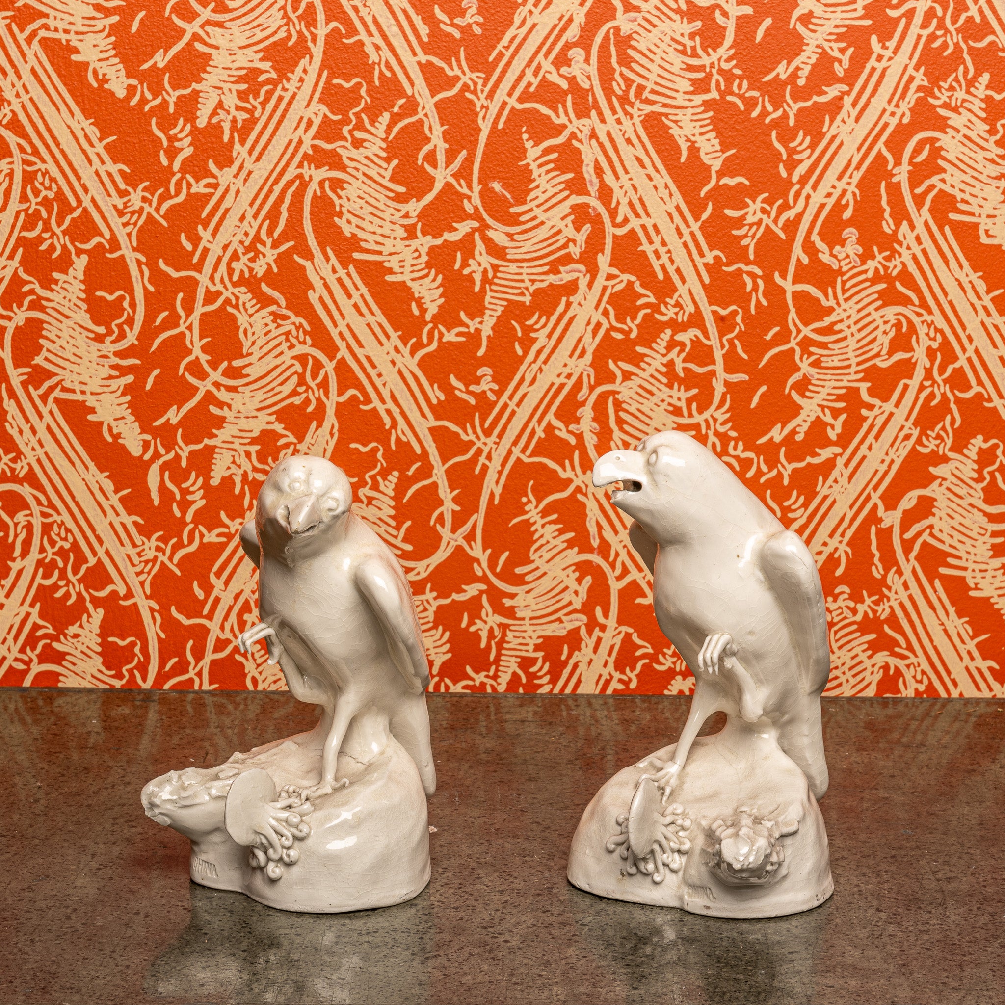 Chinese Blanc de Chine Parrot Figures — Early 20th-Century Ceramic Pair