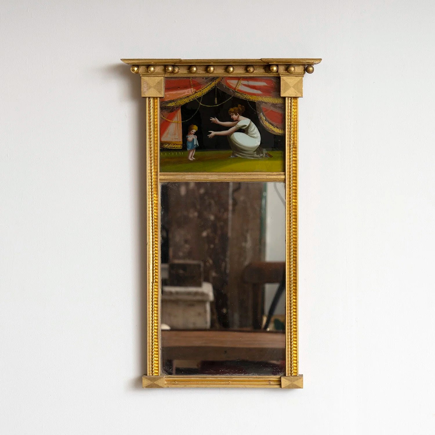 FEDERAL MIRROR WITH FOLK ART REVERSED PAINTING ON GLASS