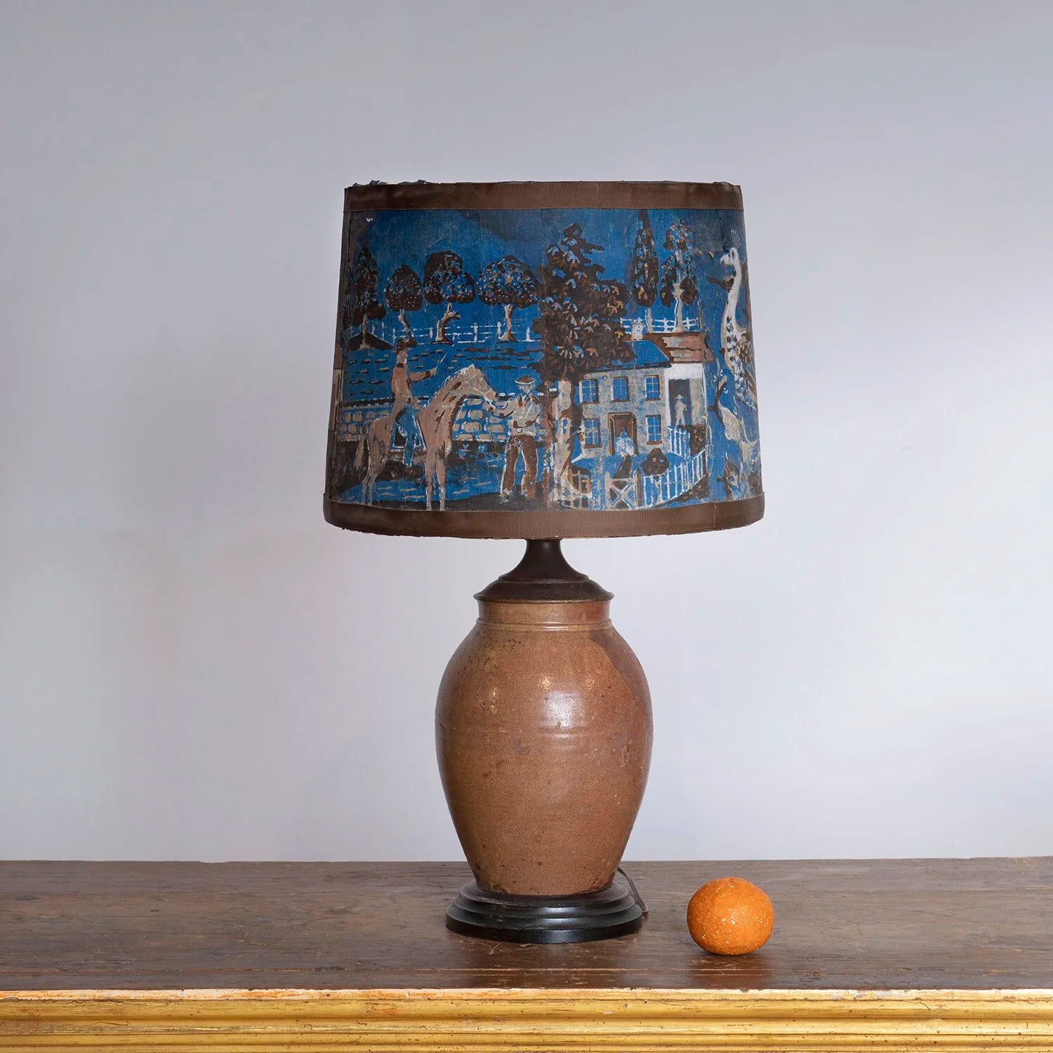 FOLK ART POTTERY LAMP WITH WALLPAPER BOX SHADE