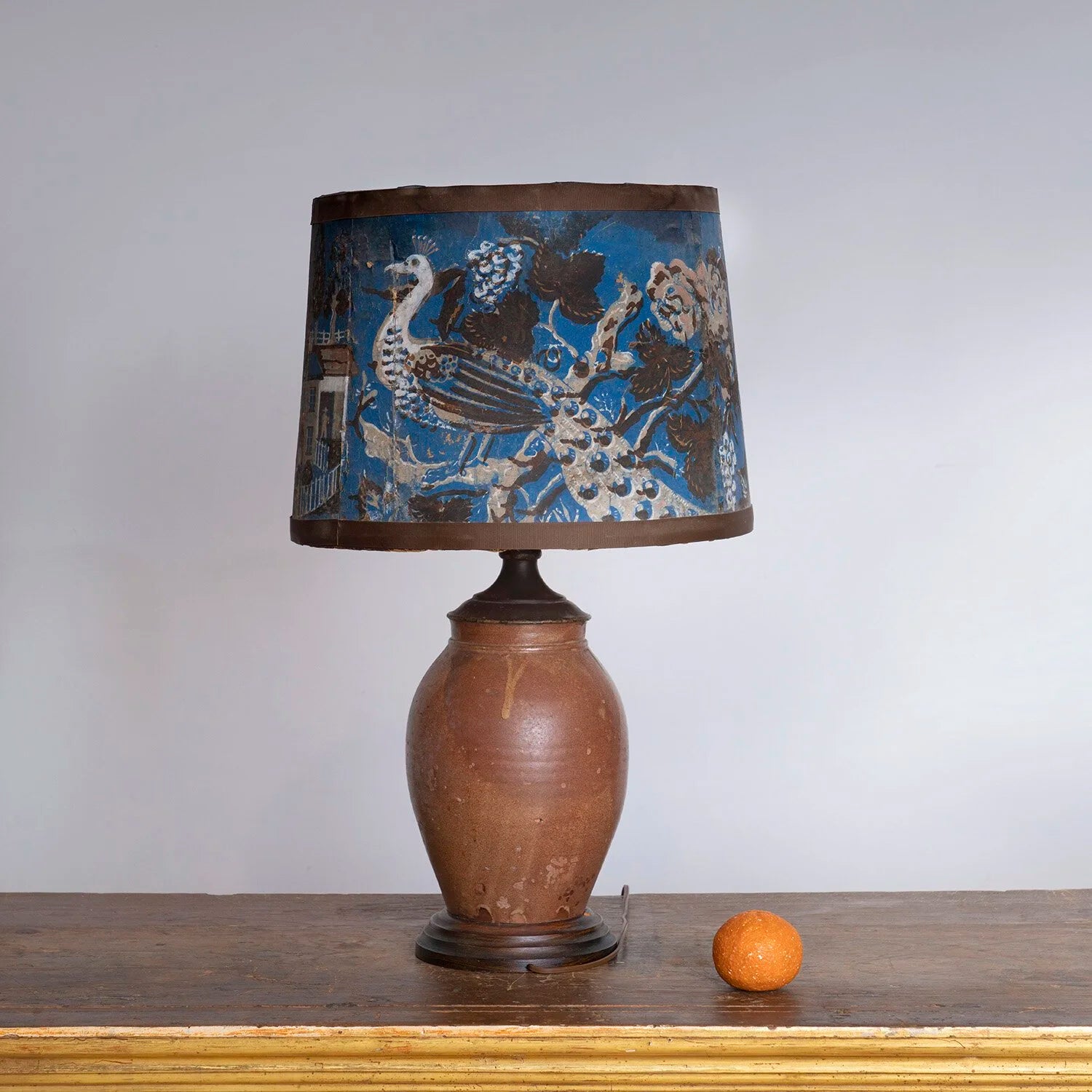 FOLK ART POTTERY LAMP WITH WALLPAPER BOX SHADE