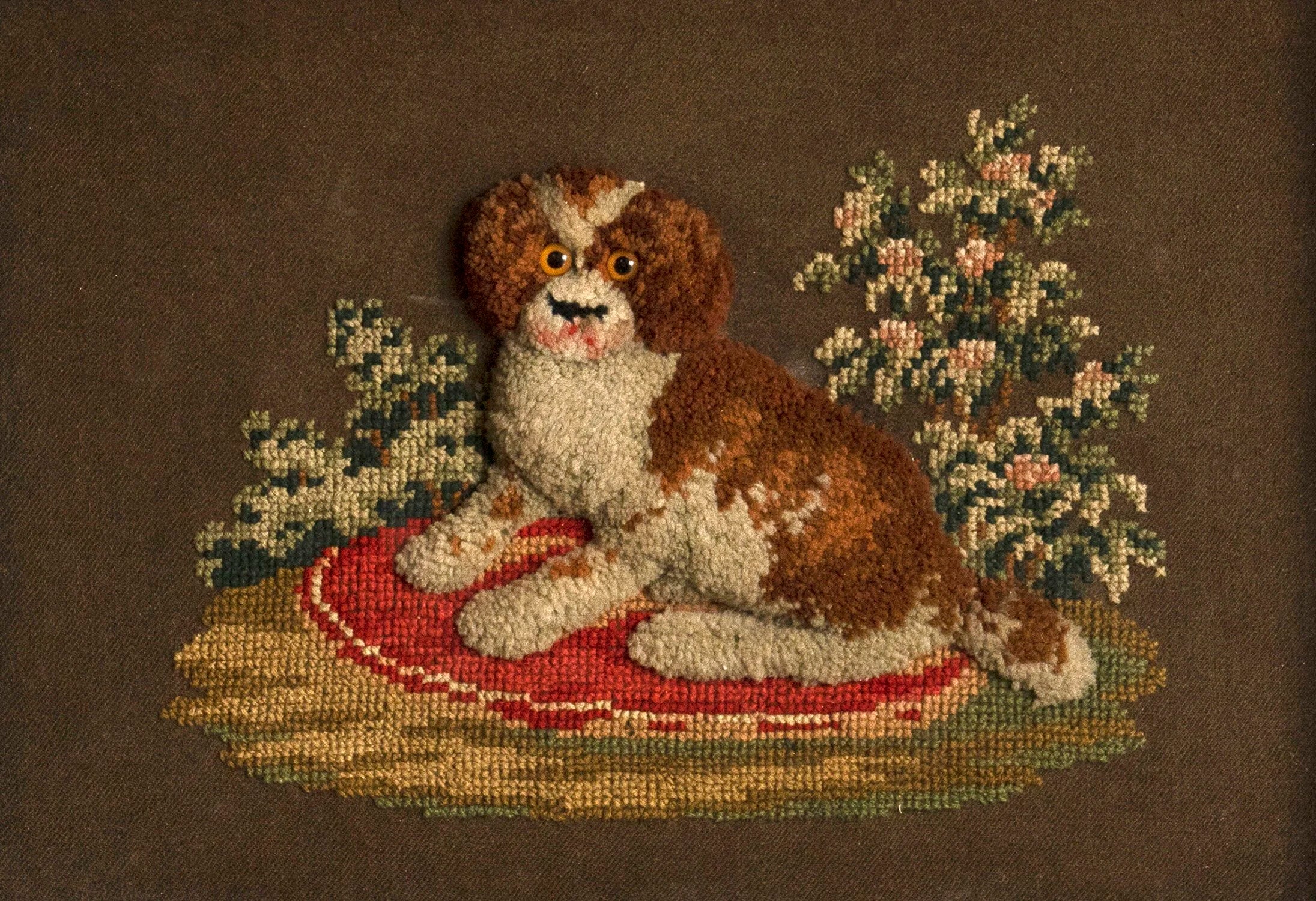 FRAMED NEEDLEPOINT PORTRAIT OF A DOG
