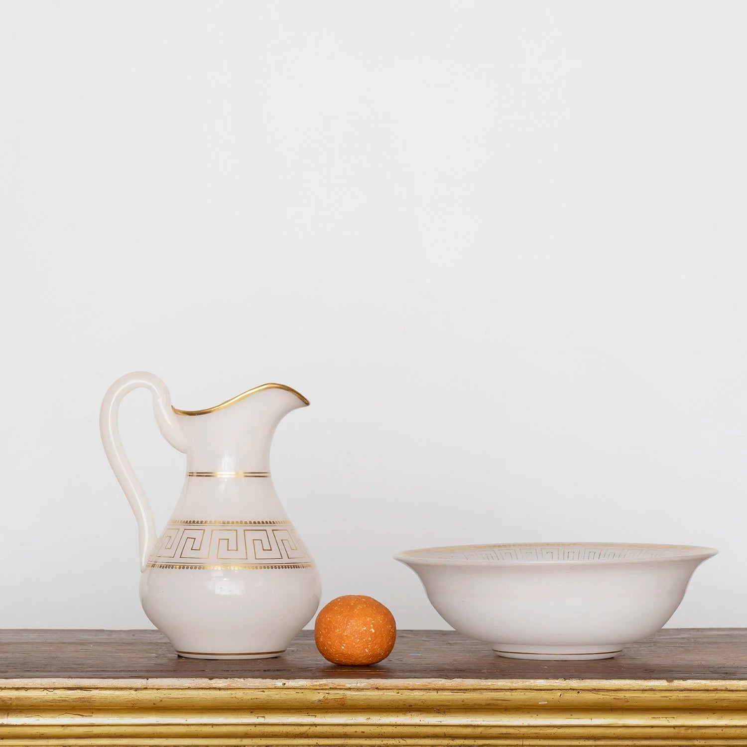 GREEK KEY OPALINE GLASS PITCHER AND BASIN