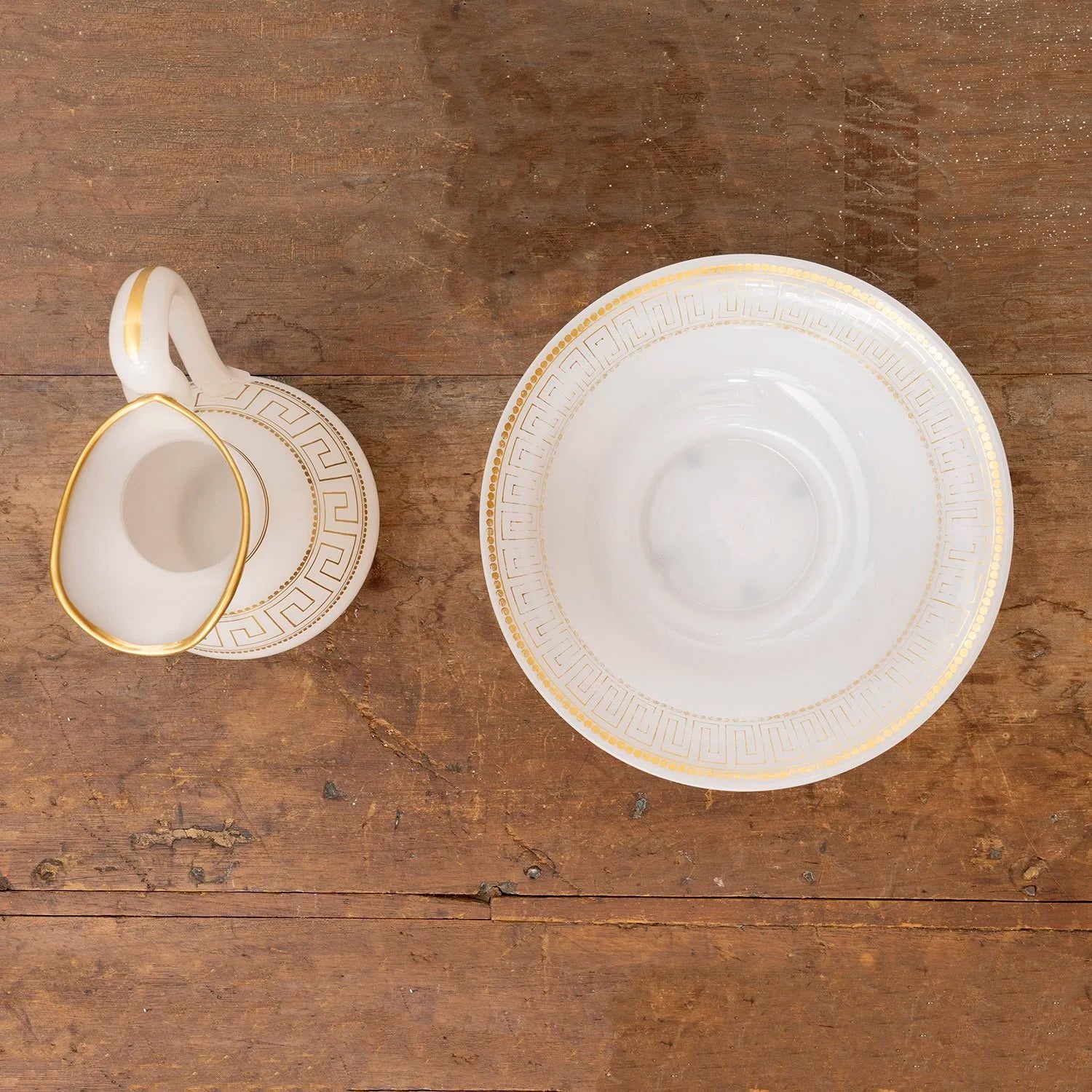 GREEK KEY OPALINE GLASS PITCHER AND BASIN