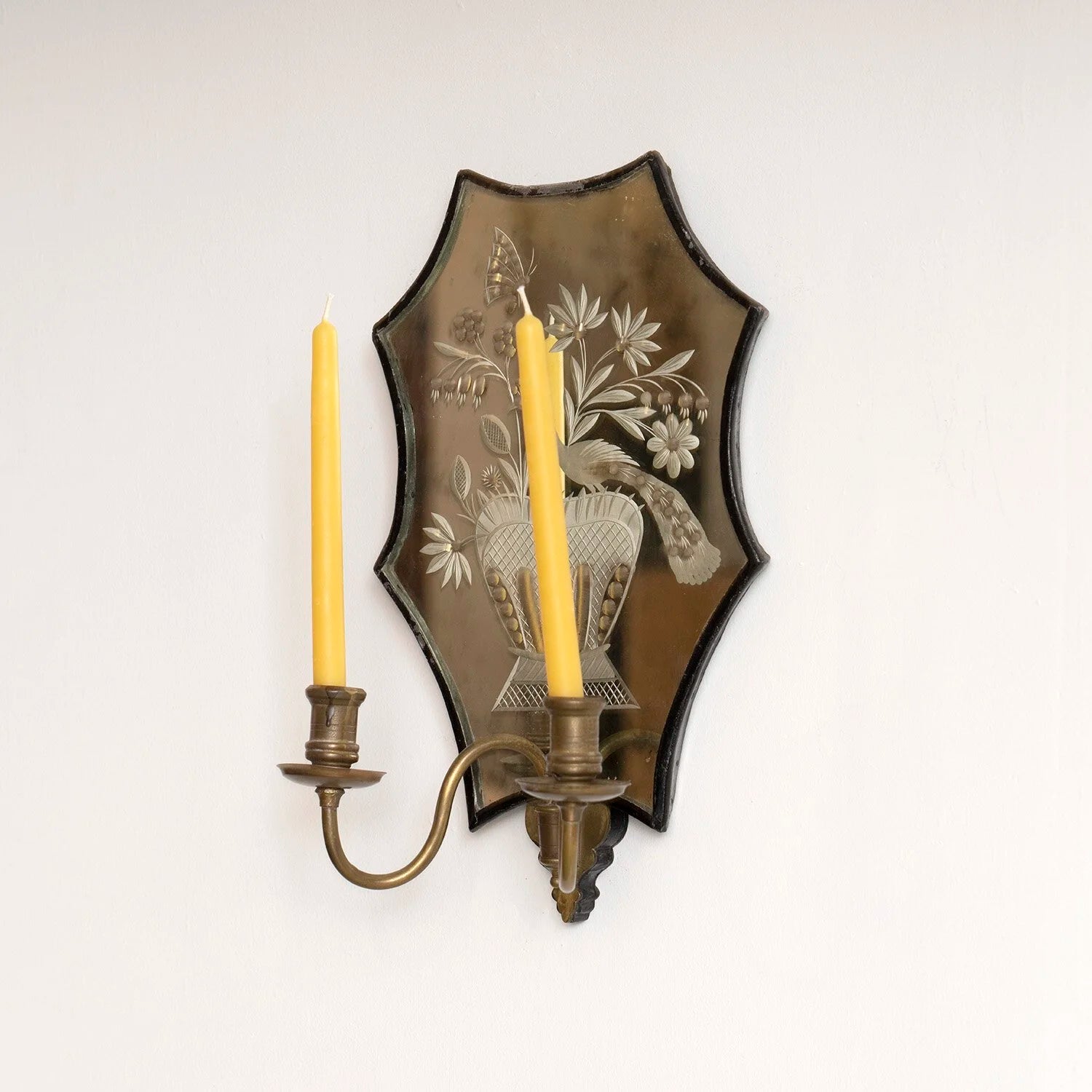PEACOCK ETCHED MIRROR CANDLE SCONCE