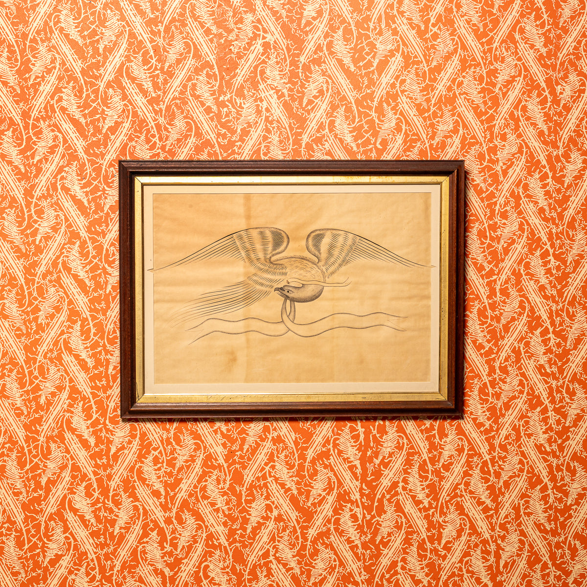 19TH-CENTURY FOLK ART DRAWING OF A BIRD WITH RIBBON MOTIF