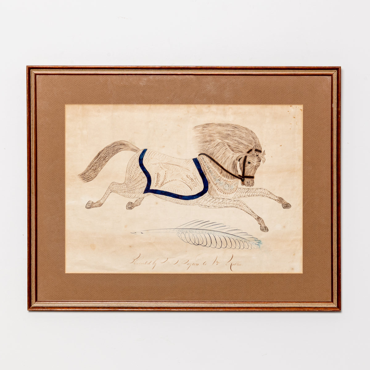 19TH-CENTURY AMERICAN CALLIGRAPHIC DRAWING OF A LEAPING HORSE