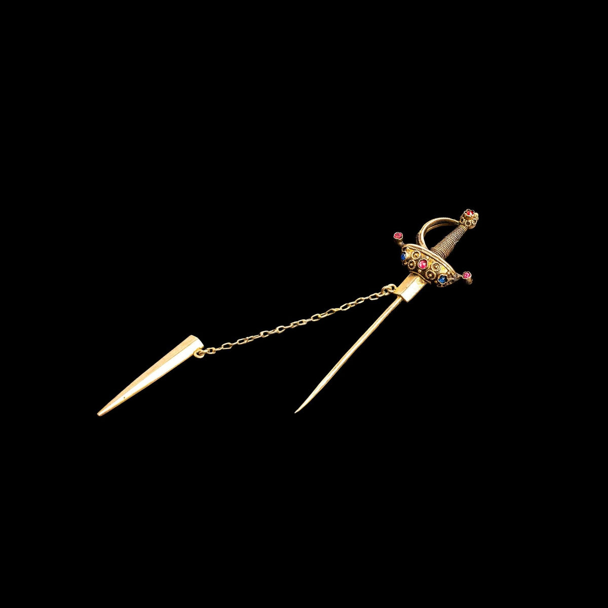 LATE 19TH CENTURY GOLD VERMEIL SWORD JABOT PIN WITH RUBY AND SAPPHIRE ACCENTS, catalog view
