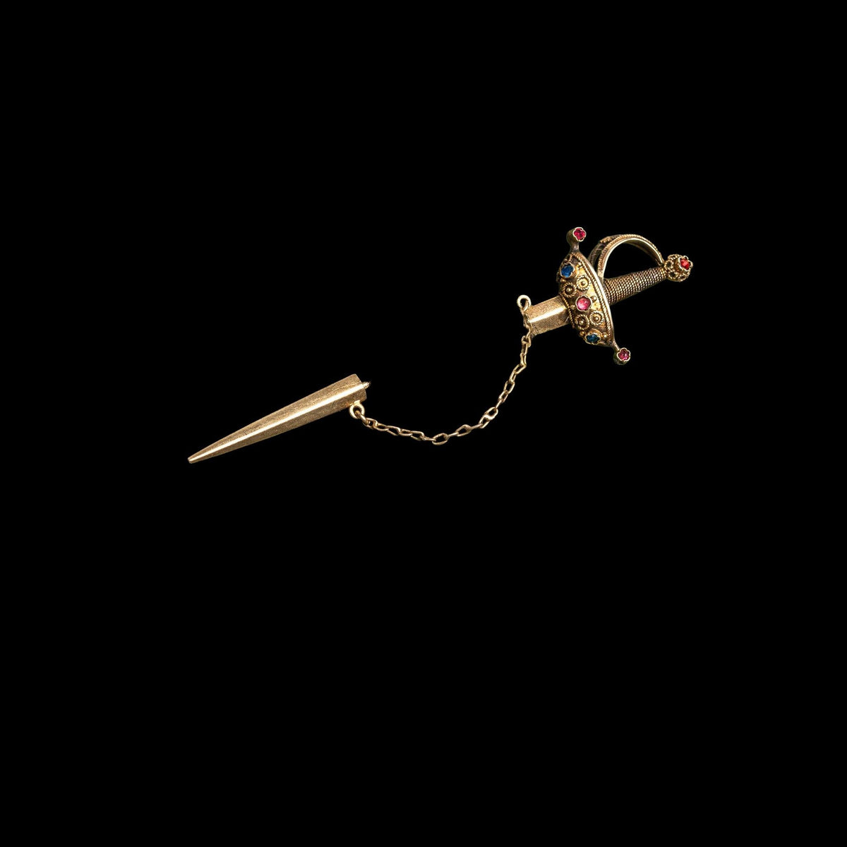 LATE 19TH CENTURY GOLD VERMEIL SWORD JABOT PIN WITH RUBY AND SAPPHIRE ACCENTS, detail view