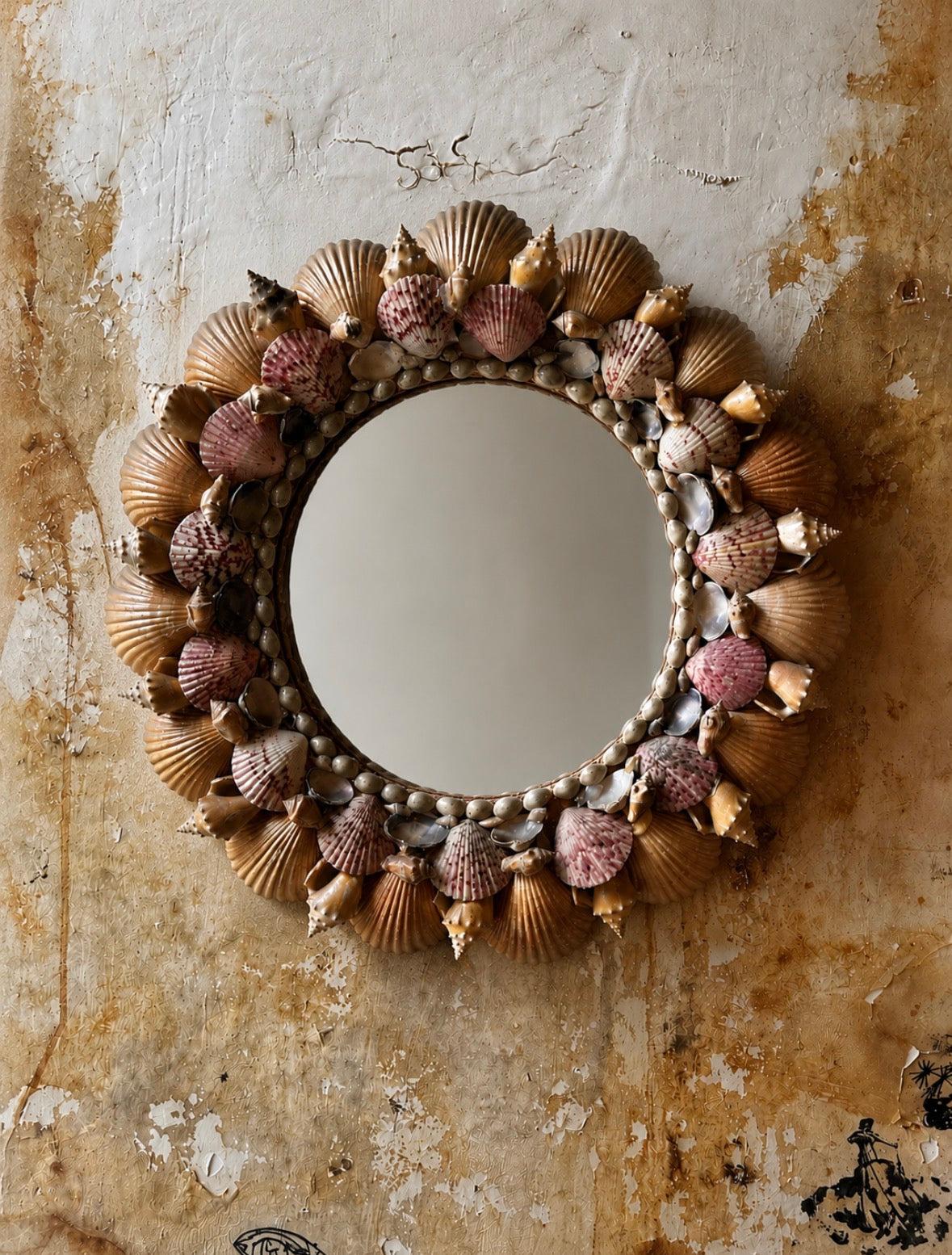 MID-CENTURY HAND-ASSEMBLED SHELL-ENCRUSTED GROTTO MIRROR