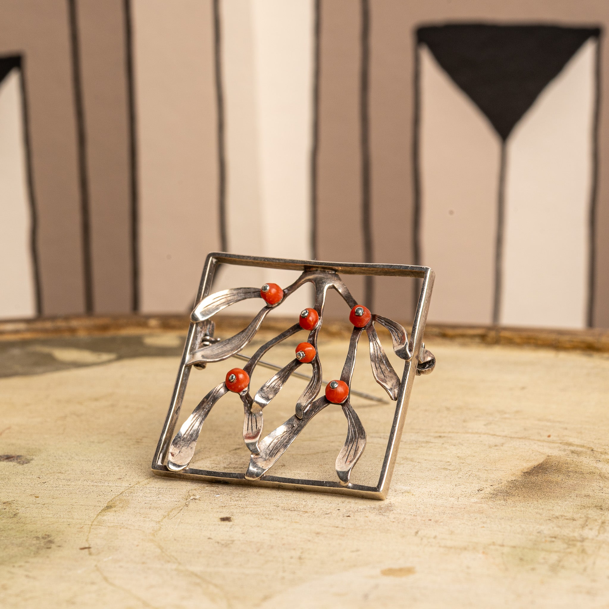 Wiener Werkstätte Sterling Silver & Coral Brooch