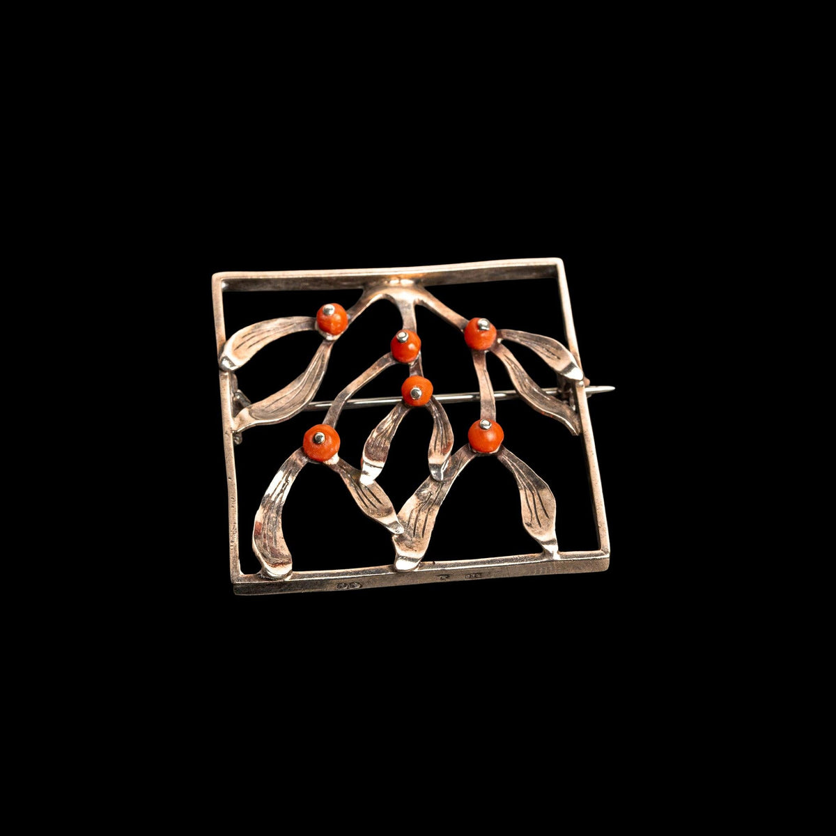 STERLING SILVER AND CORAL BROOCH, ATTRIBUTED TO WIENER WERKSTÄTTE, detail view