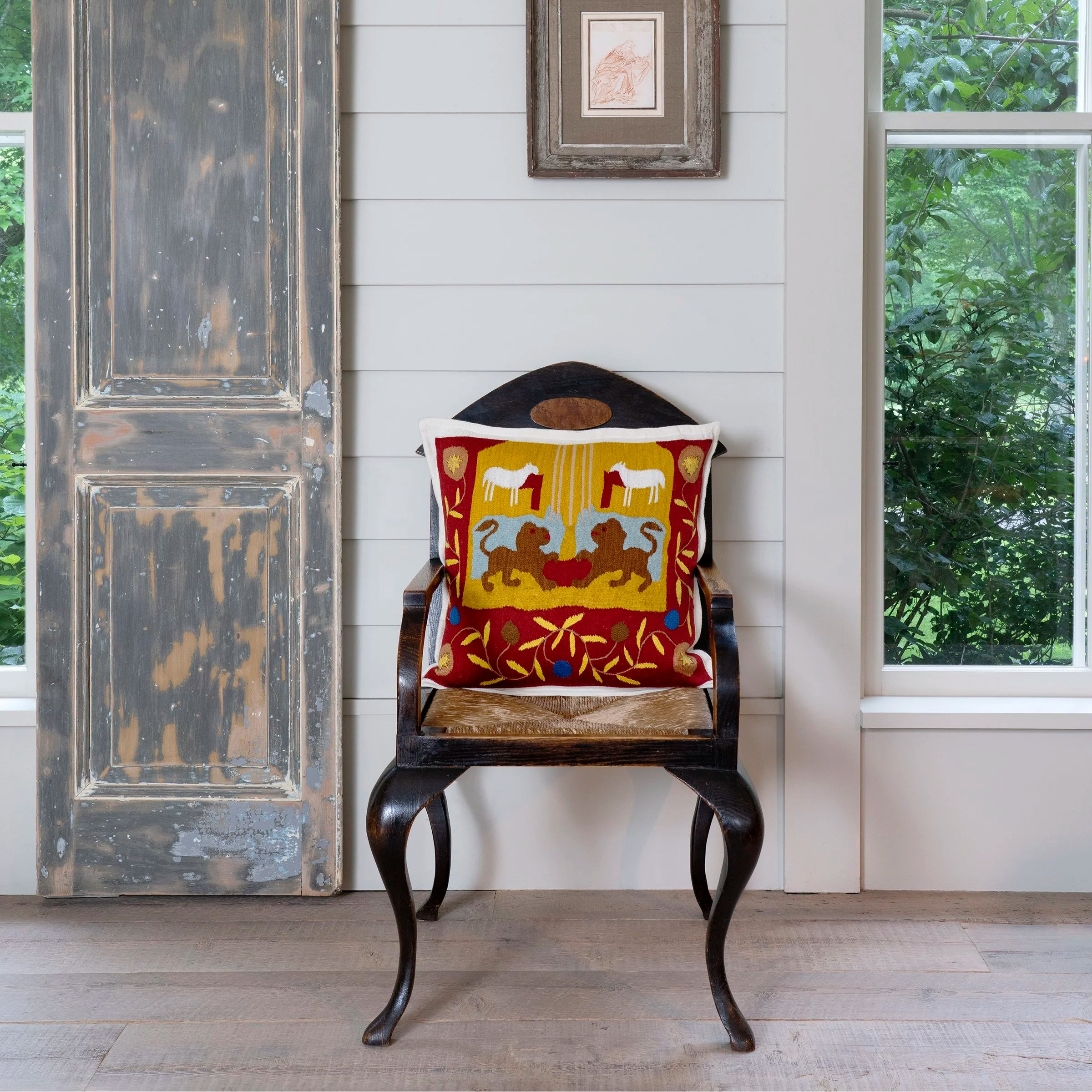 "Parallel Leos" Hand-Embroidered Cashmere Pillow