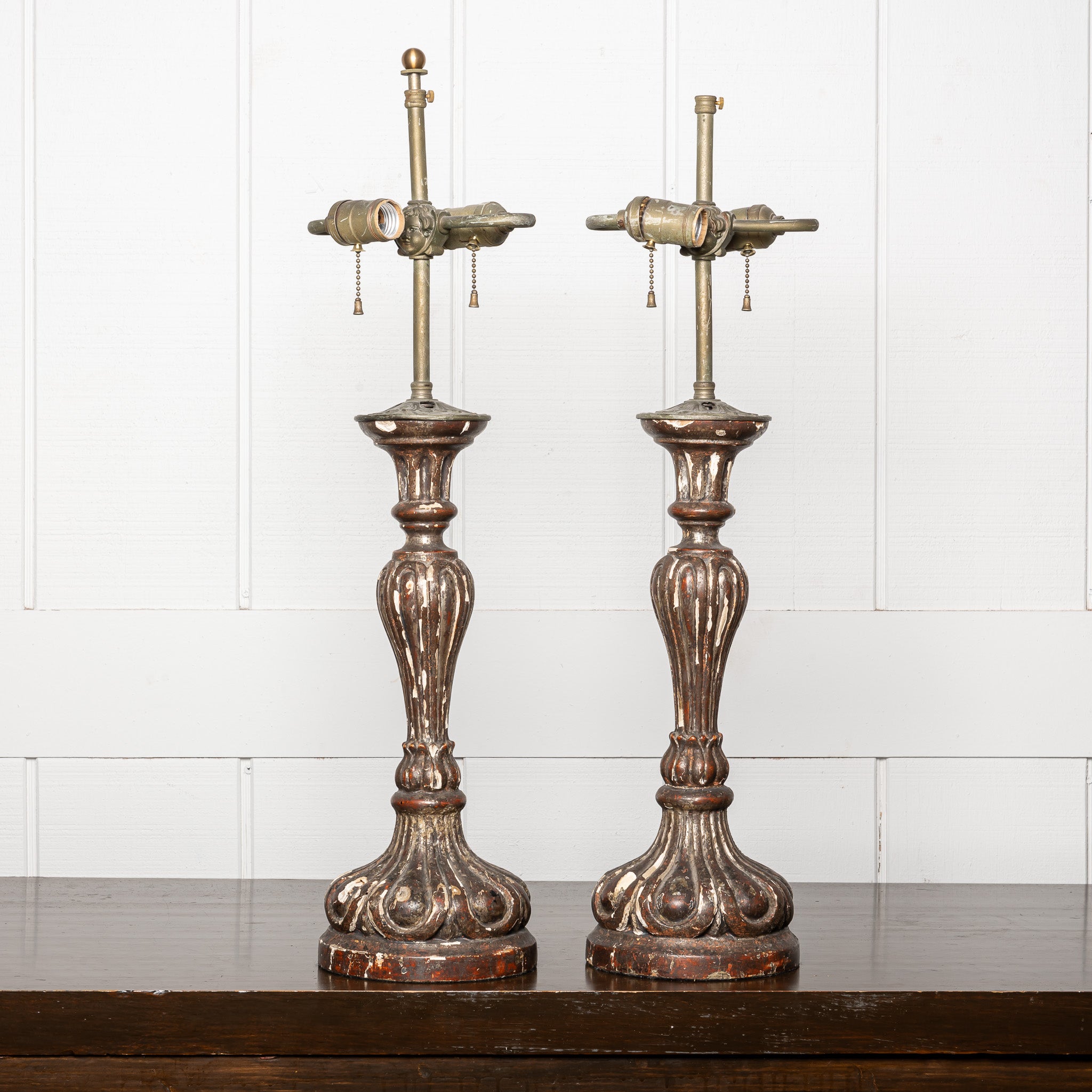 PAIR OF 18TH CENTURY ITALIAN BAROQUE "POLYCHROME AND GILTWOOD ALTAR CANDLESTICKS" MOUNTED AS TABLE LAMPS