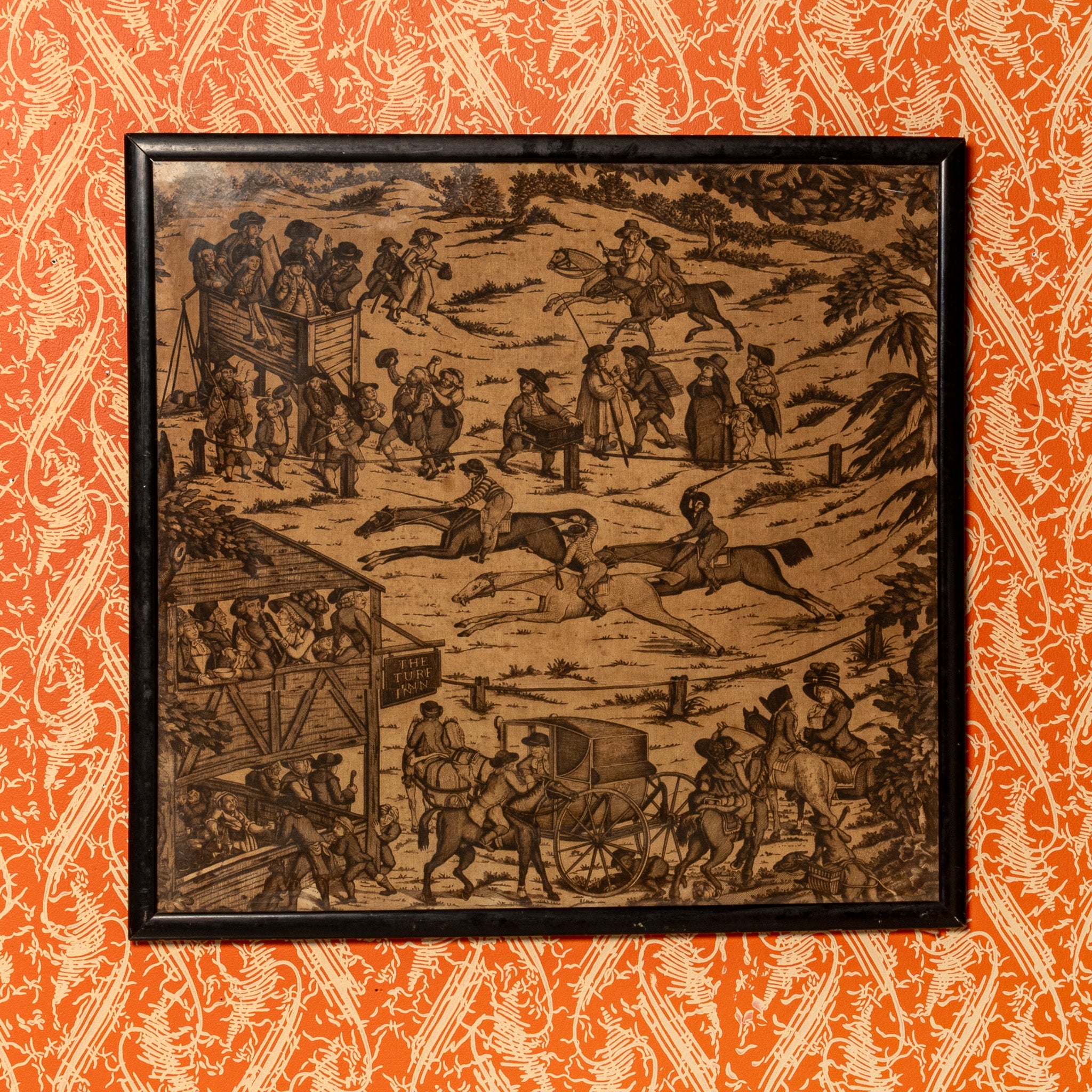 19TH-CENTURY EQUESTRIAN SPORTING SCENE FABRIC PANEL