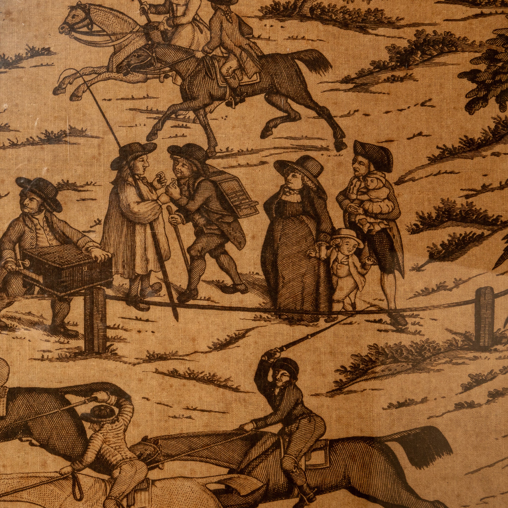 19TH-CENTURY EQUESTRIAN SPORTING SCENE FABRIC PANEL