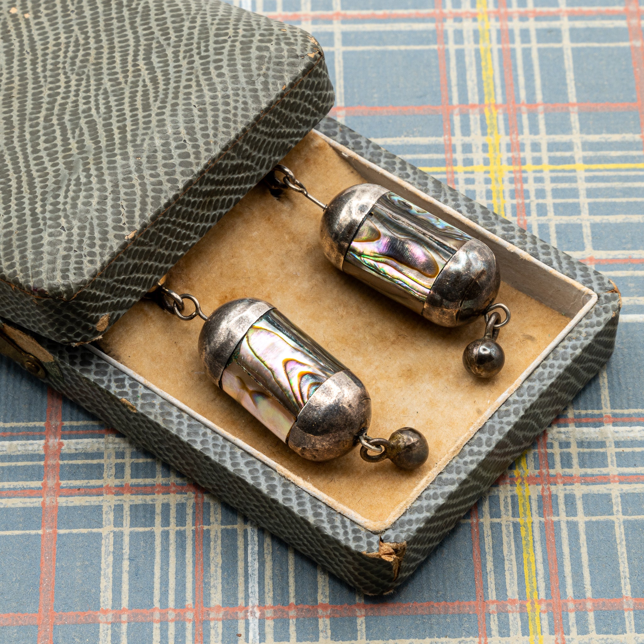 19TH-CENTURY ABALONE EARRINGS IN ORIGINAL BOX