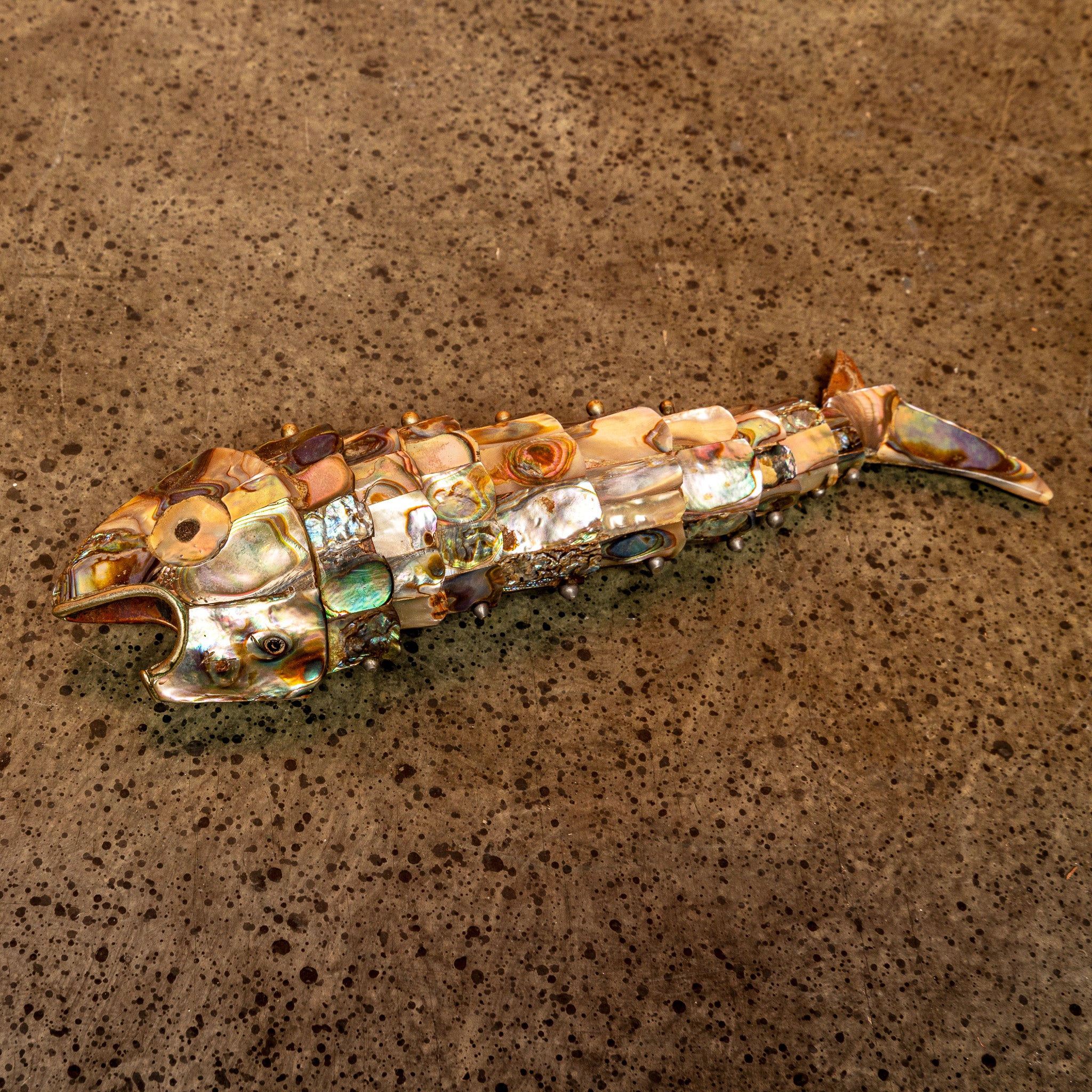 VINTAGE ARTICULATED ABALONE SHELL FISH BOTTLE OPENER
