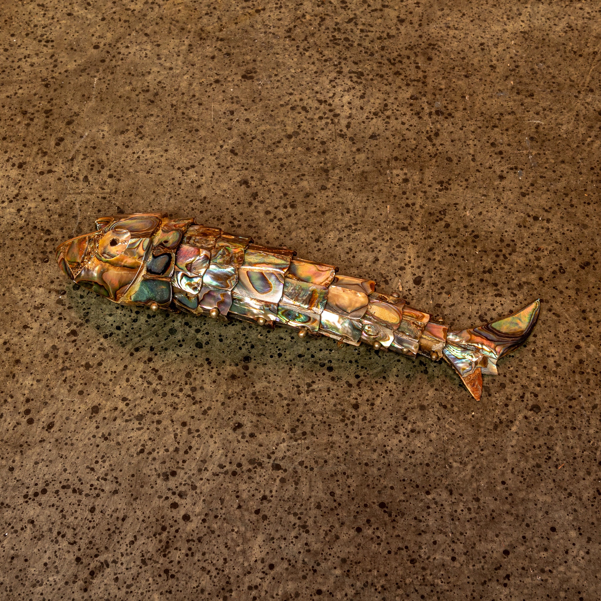 VINTAGE ARTICULATED ABALONE SHELL FISH BOTTLE OPENER