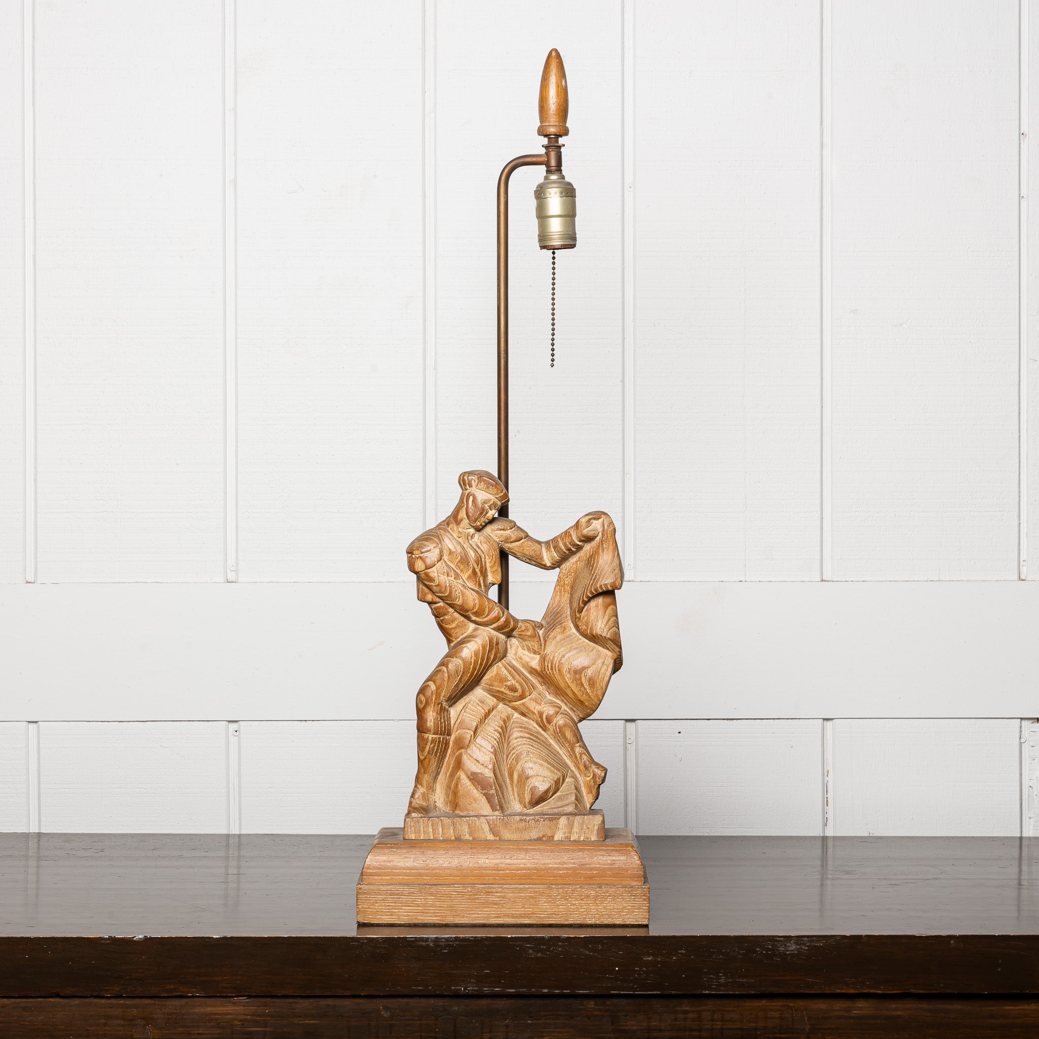 PAIR OF AMERICAN ART DECO CARVED WOOD FOLK FIGURAL TABLE LAMPS