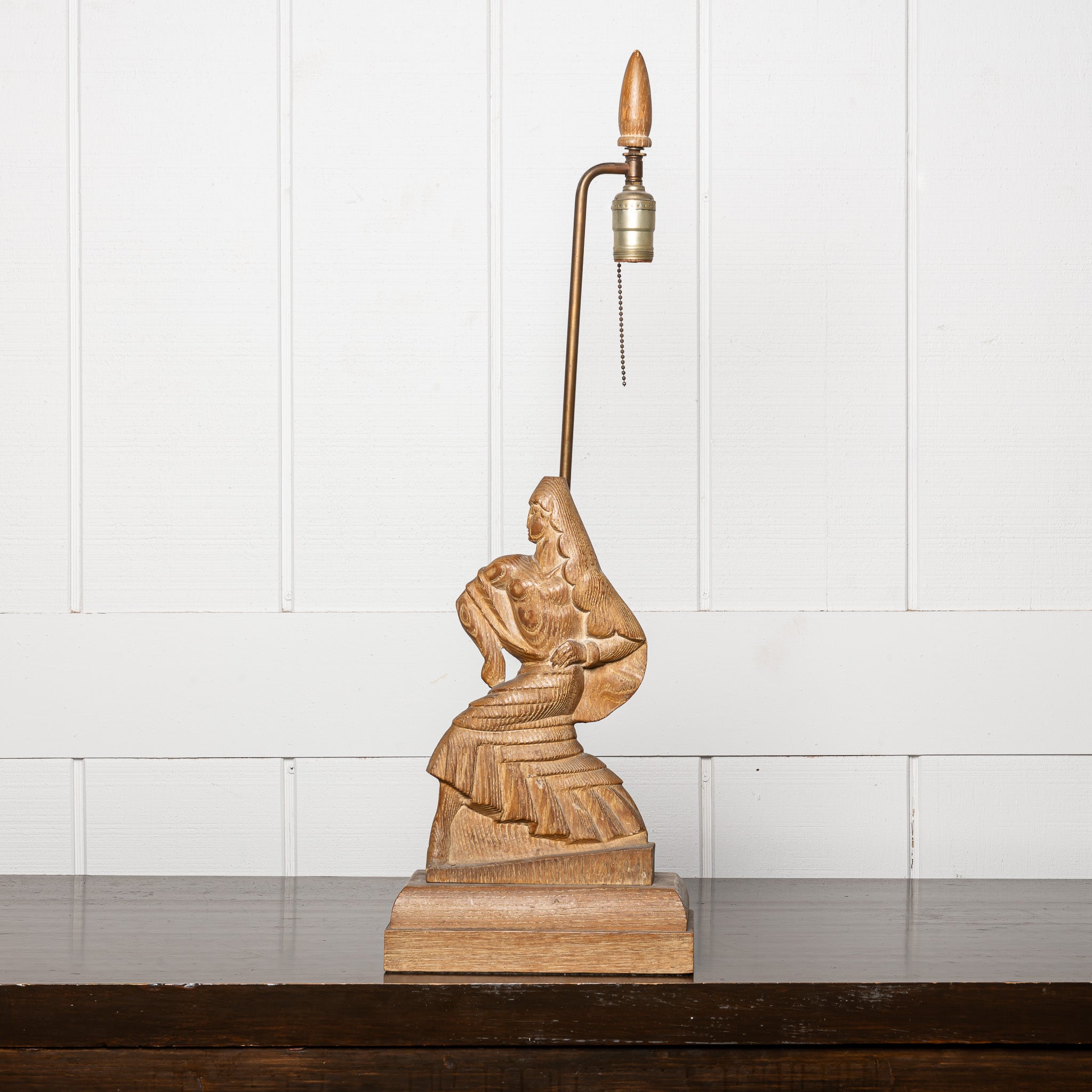 PAIR OF AMERICAN ART DECO CARVED WOOD FOLK FIGURAL TABLE LAMPS