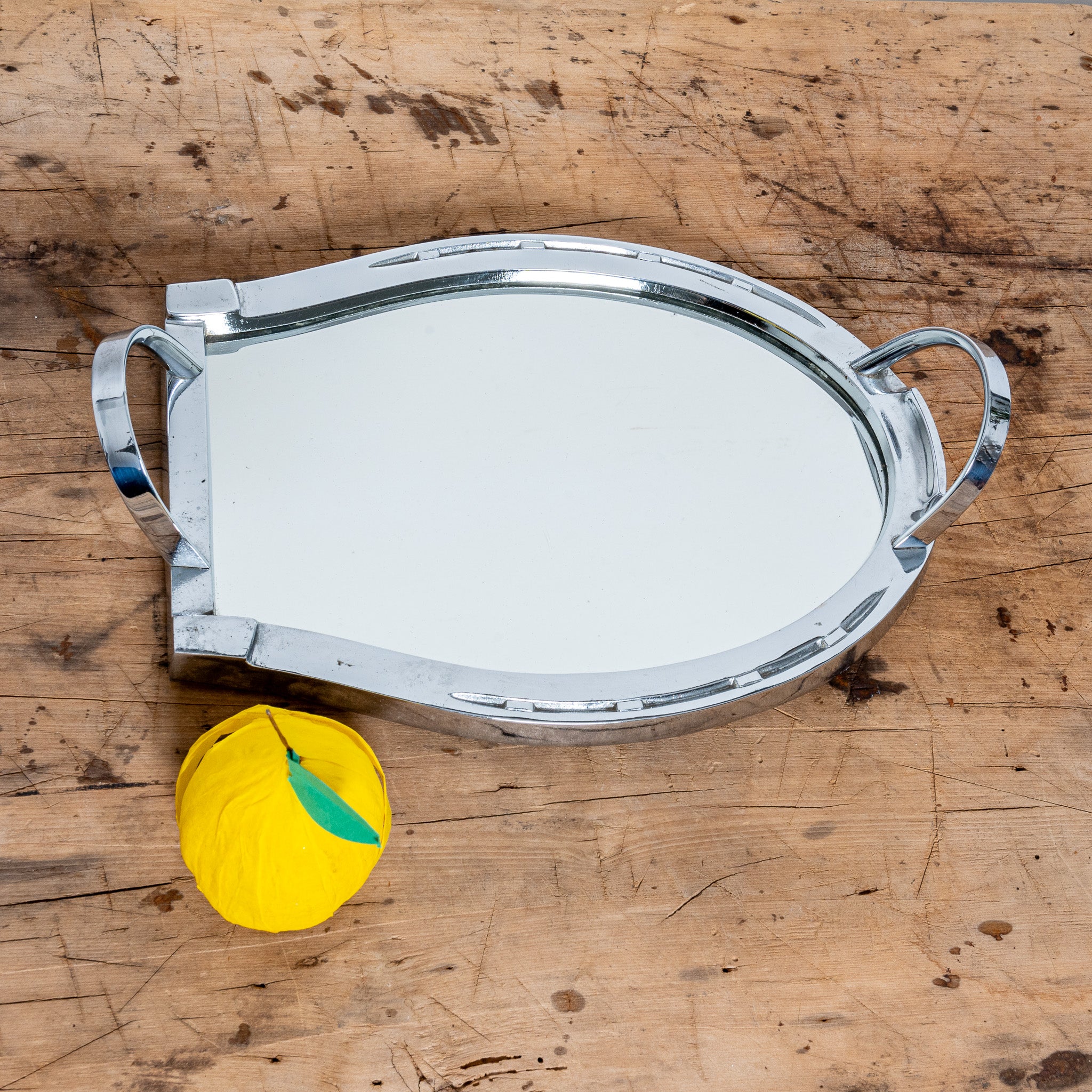 ART DECO HORSESHOE-FORM CHROME AND MIRROR SERVING TRAY
