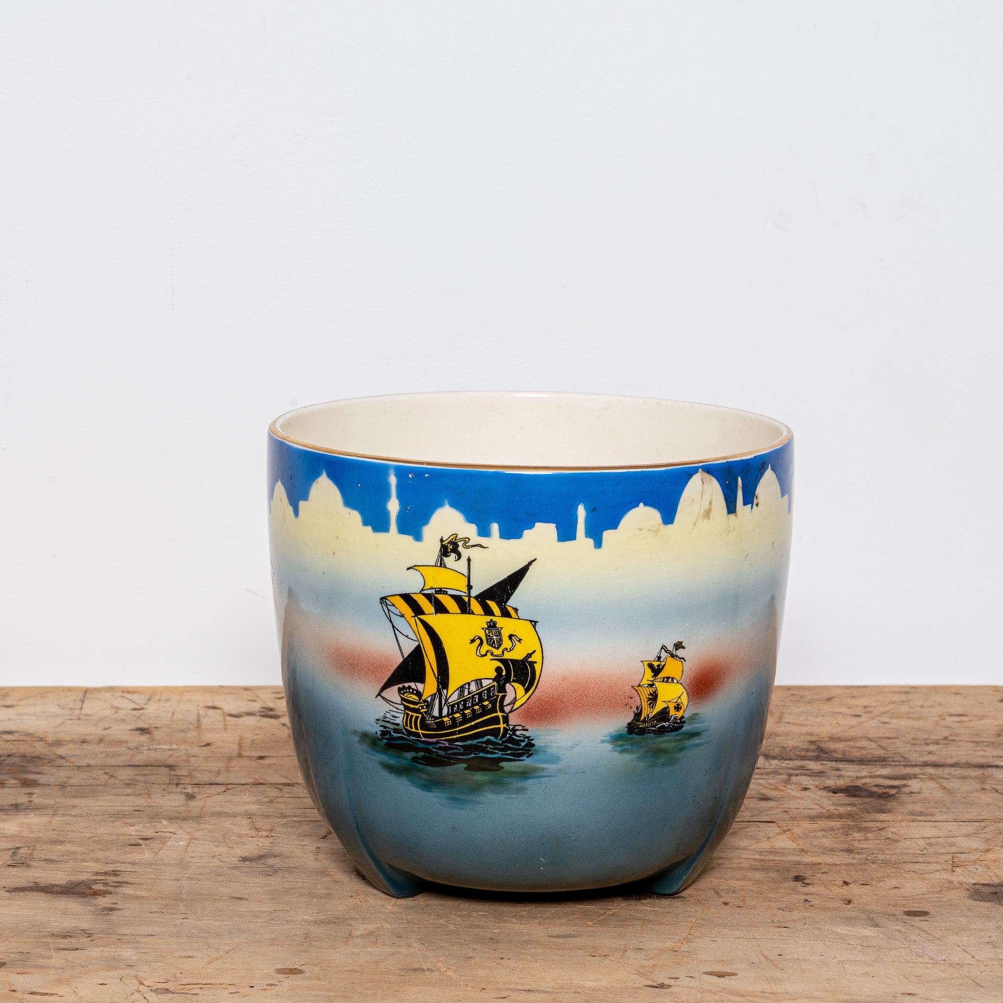 ART DECO NAUTICAL CERAMIC JARDINIÈRE WITH SAILING SHIPS
