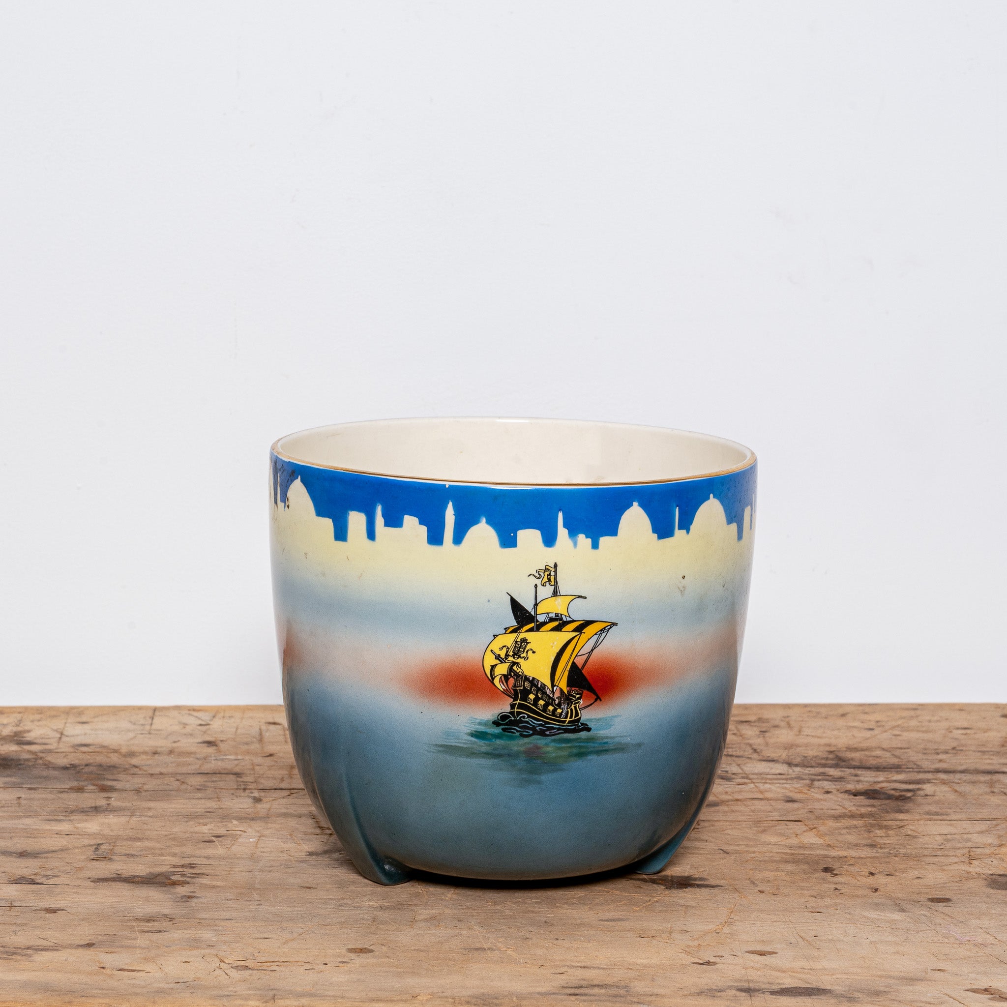 ART DECO NAUTICAL CERAMIC JARDINIÈRE WITH SAILING SHIPS