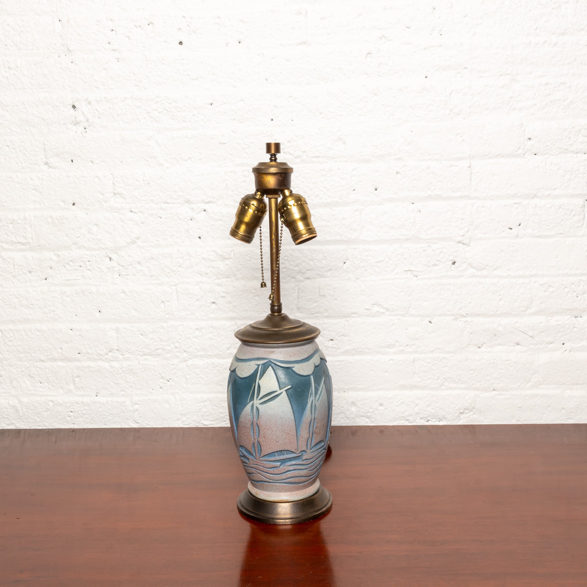 AMERICAN ARTS AND CRAFTS SAILBOAT" ART POTTERY VASE" MOUNTED AS A TABLE LAMP