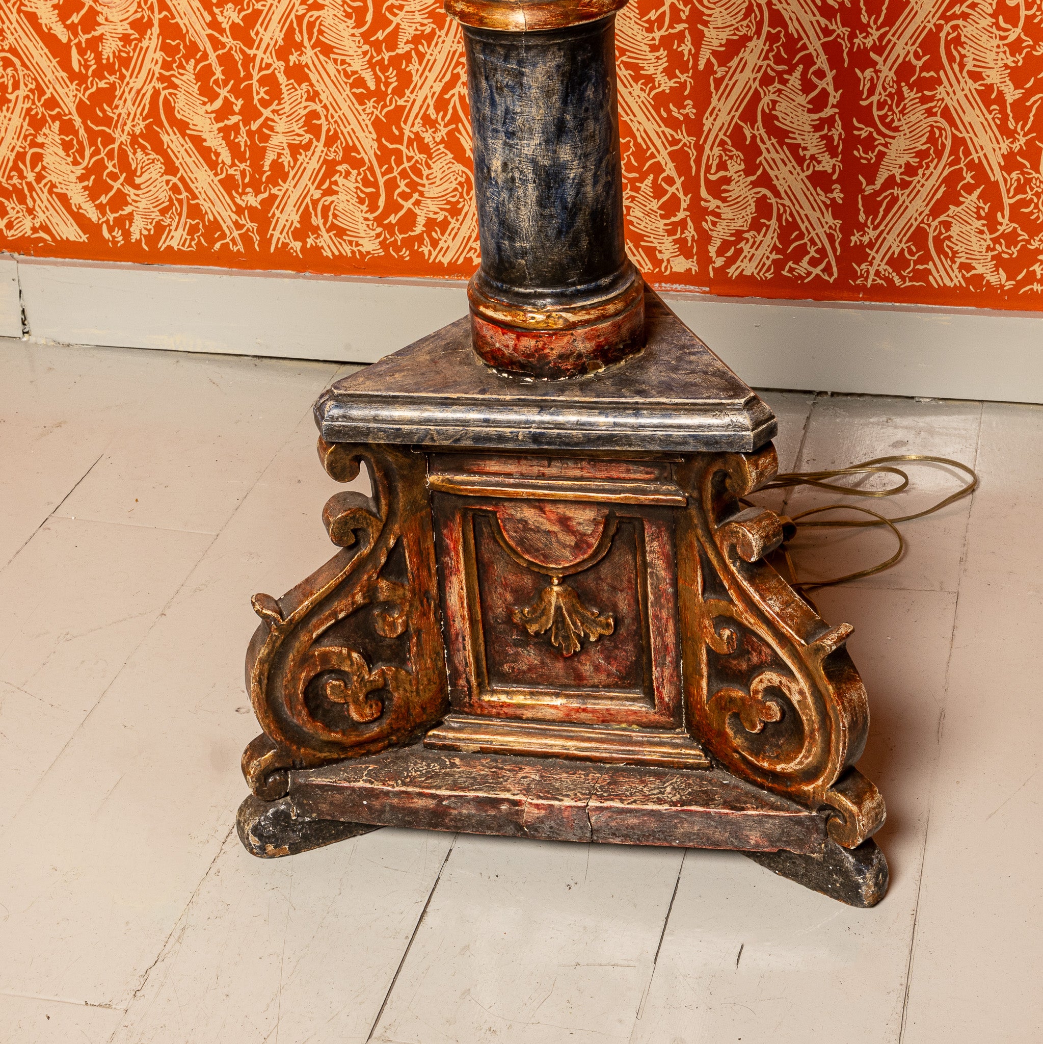 ITALIAN BAROQUE POLYCHROME AND PARCEL GILT ALTAR CANDLESTICK MOUNTED AS A FLOOR LAMP