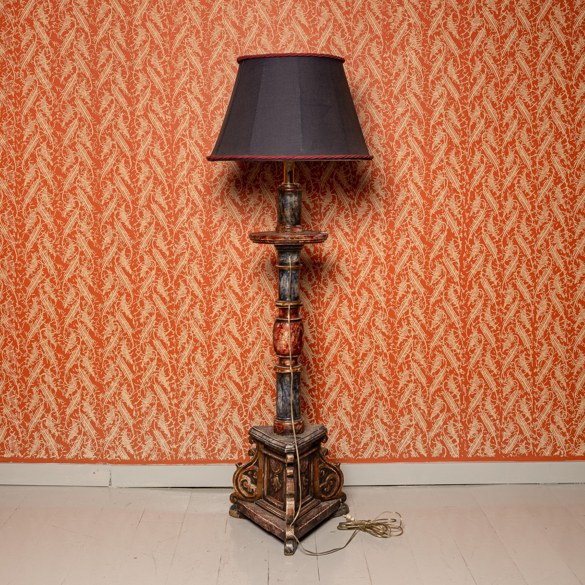 ITALIAN BAROQUE POLYCHROME AND PARCEL GILT ALTAR CANDLESTICK MOUNTED AS A FLOOR LAMP