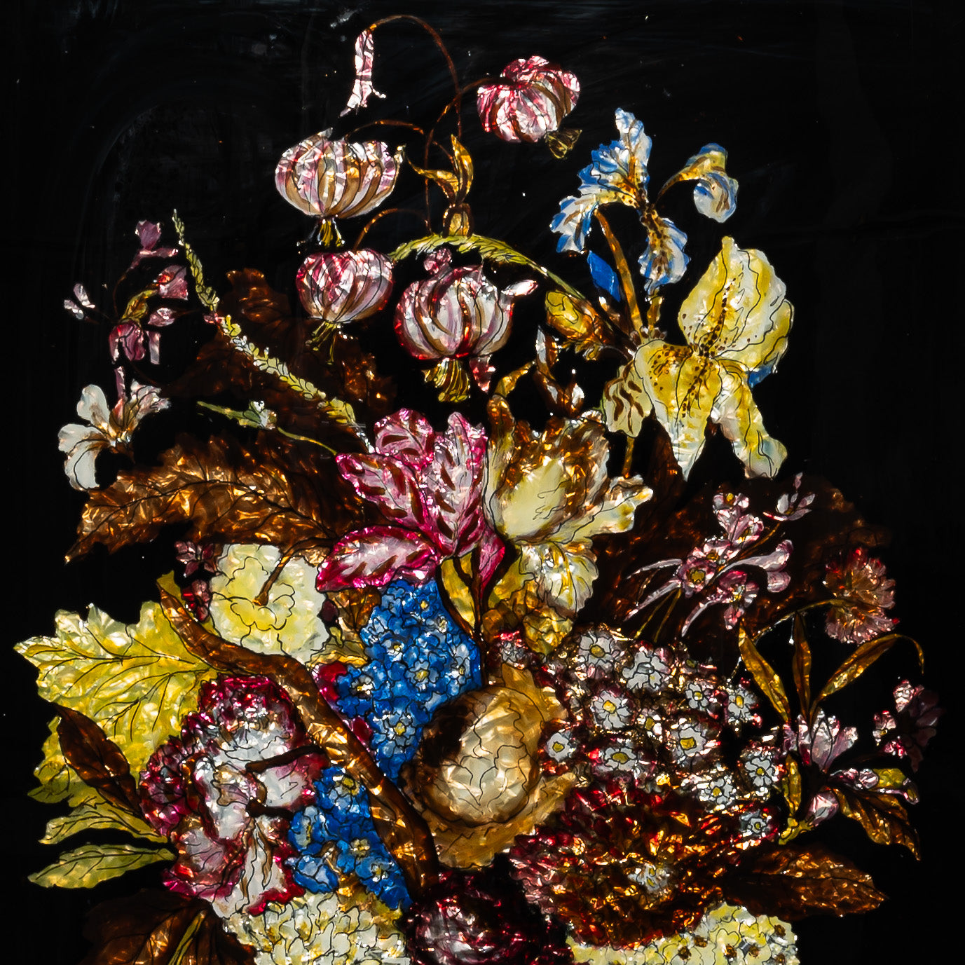 EXCEPTIONAL 19TH-CENTURY AMERICAN FOLK ART TINSEL "BOUQUET" PAINTING