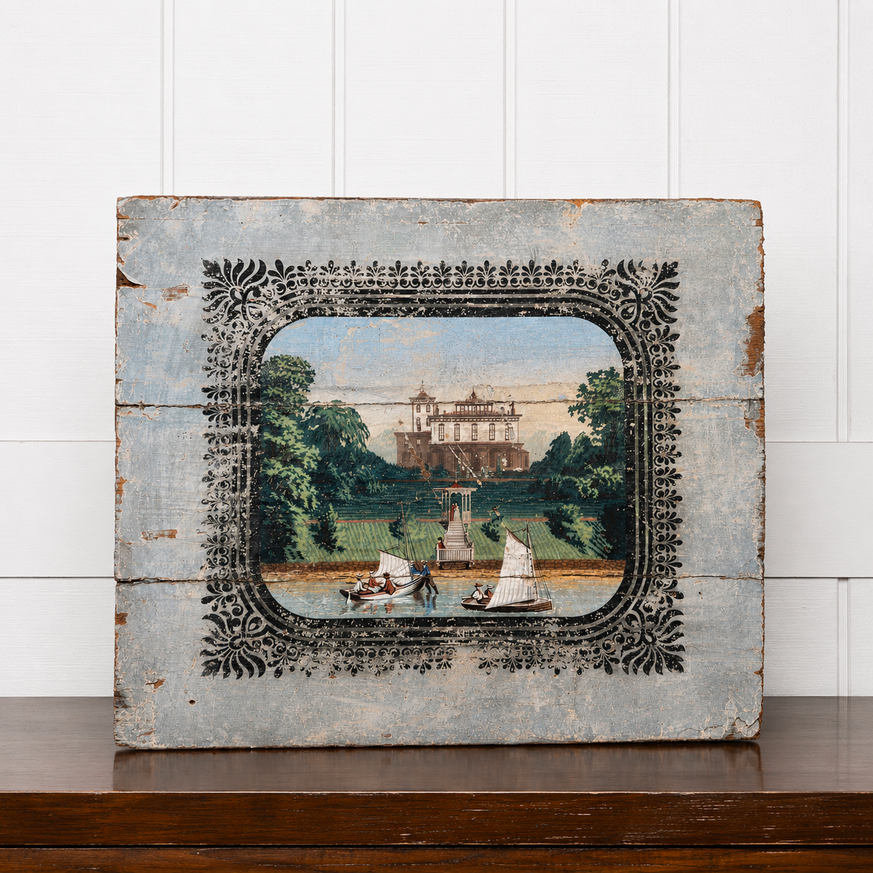 AMERICAN FEDERAL PERIOD FIRE SCREEN WITH EARLY SCENIC WALLPAPER PANEL