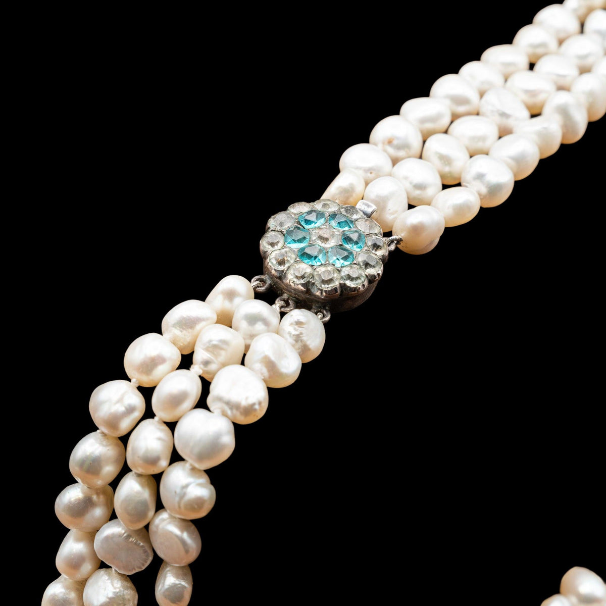 GEORGIAN NATURAL BAROQUE PEARL TRIPLE STRAND NECKLACE WITH PASTE CLASP, catalog view