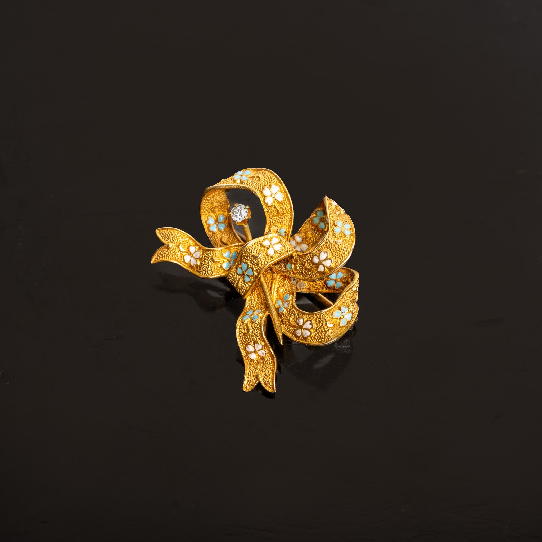 LATE 19TH-CENTURY VICTORIAN 14K GOLD, ENAMEL, AND DIAMOND BOW BROOCH