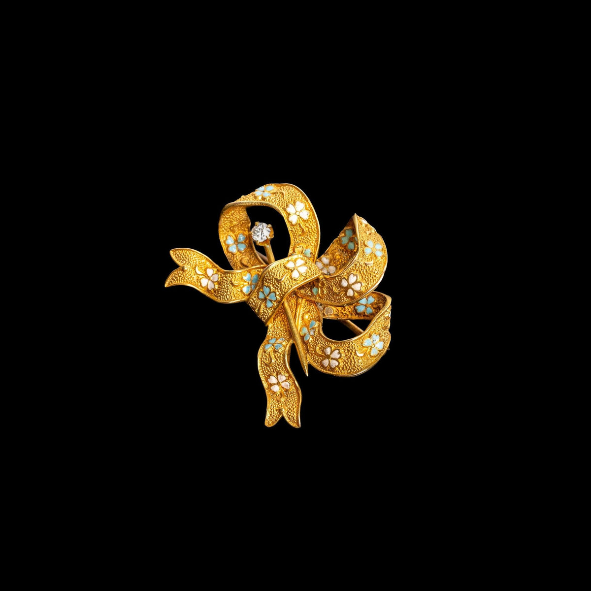 LATE 19TH CENTURY VICTORIAN 14K GOLD, ENAMEL, AND DIAMOND BOW BROOCH, catalog view