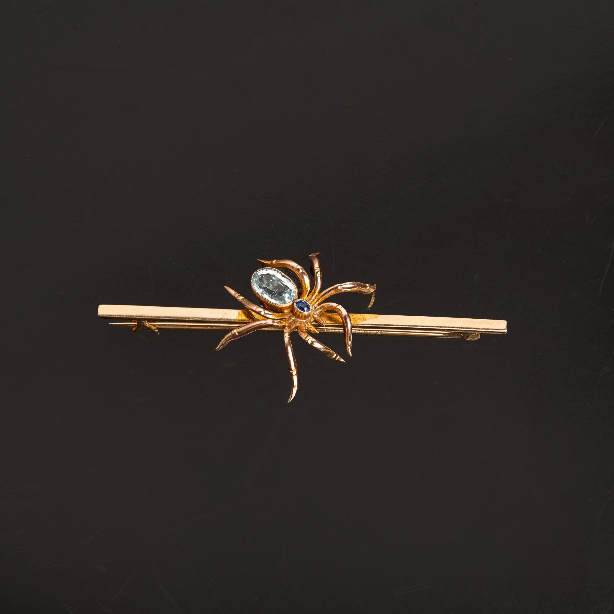 ART DECO 14K GOLD AQUAMARINE & SAPPHIRE SPIDER BAR PIN